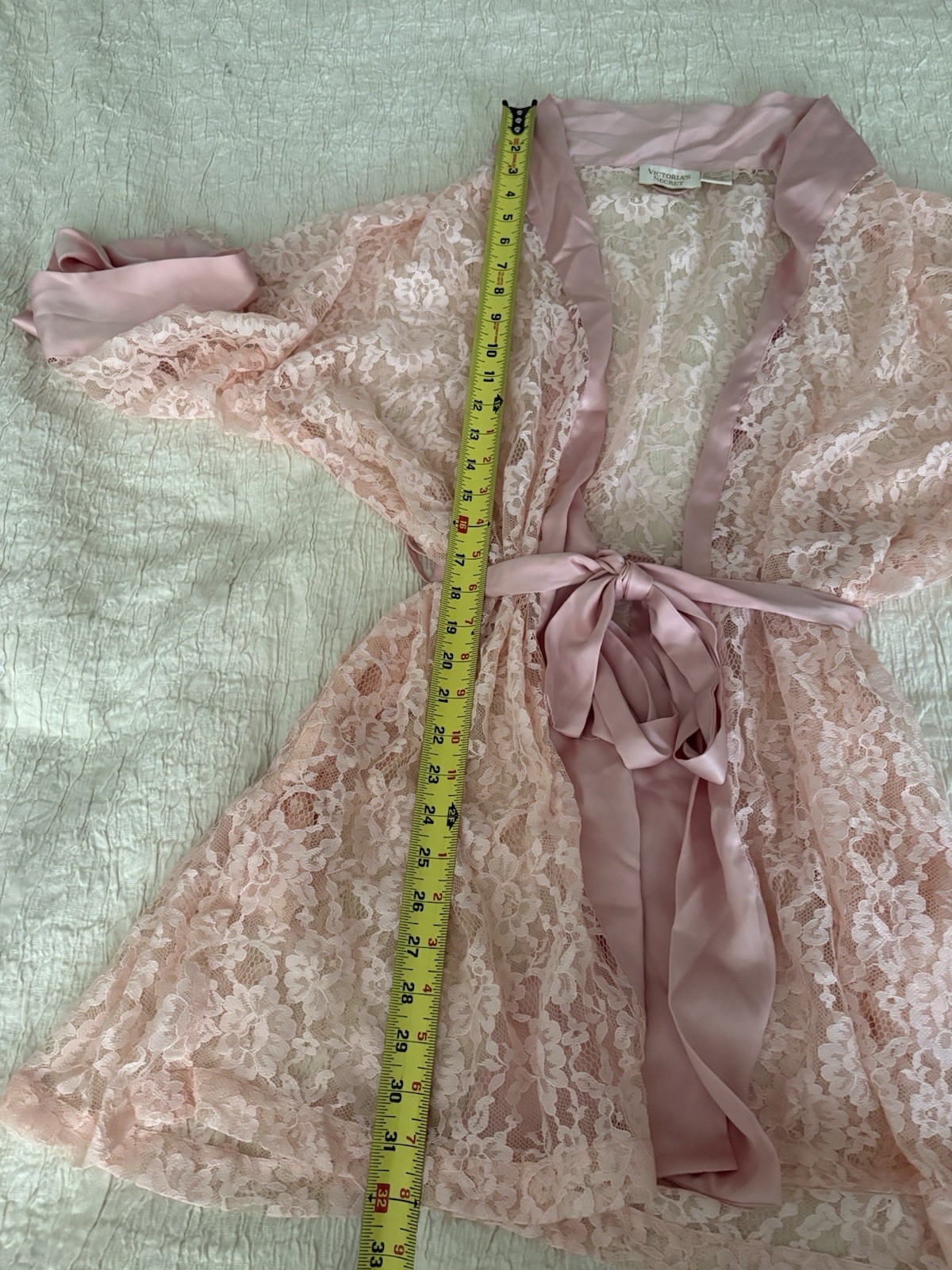 Vintage Gold Label Victoria’s Secret Pink Lace Robe Satin Trim Tie Belt One Size