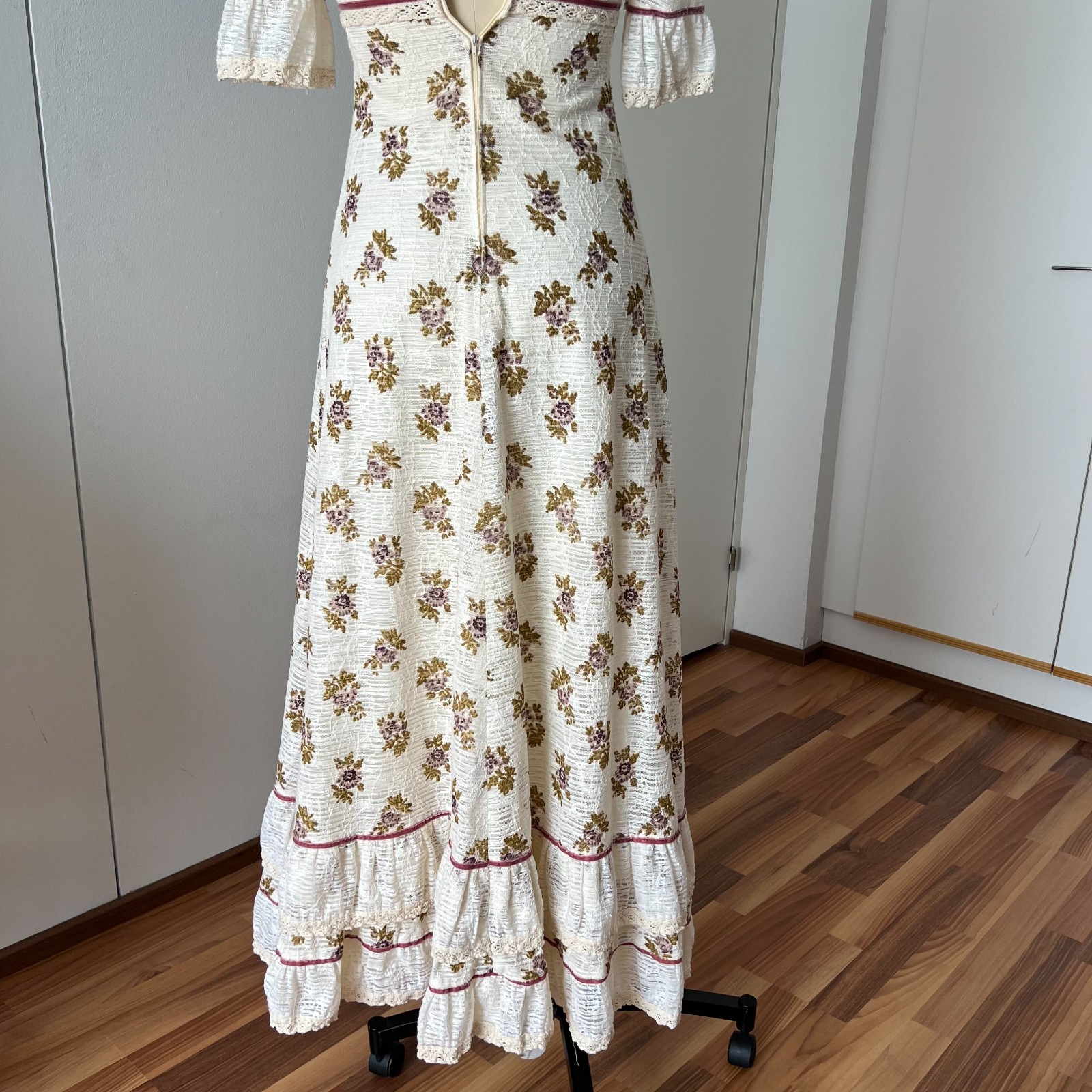 1970s Floral Cotton Cottagecore Maxi Dress Floor Length Aline Prairie Boho EU 38
