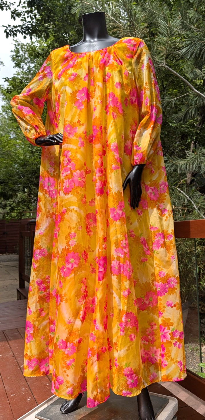 vtg 60’s 70’s flowy chiffon flower maxi gown dress garden caftan sz L 44″ bust