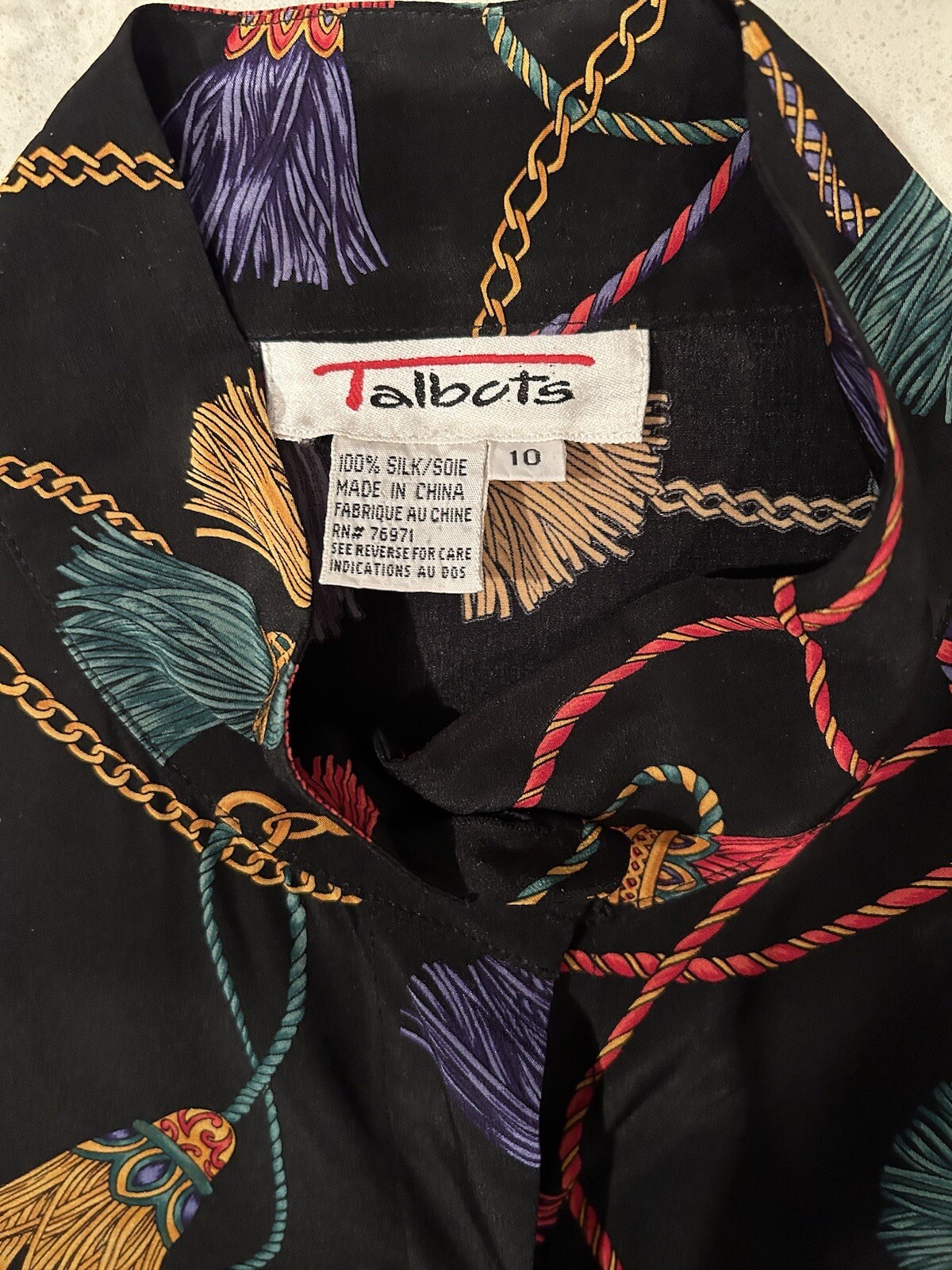 TALBOTS Vintage 80s Tassels Chains Ropes Black Silk Blouse Size 10 M Renaissance