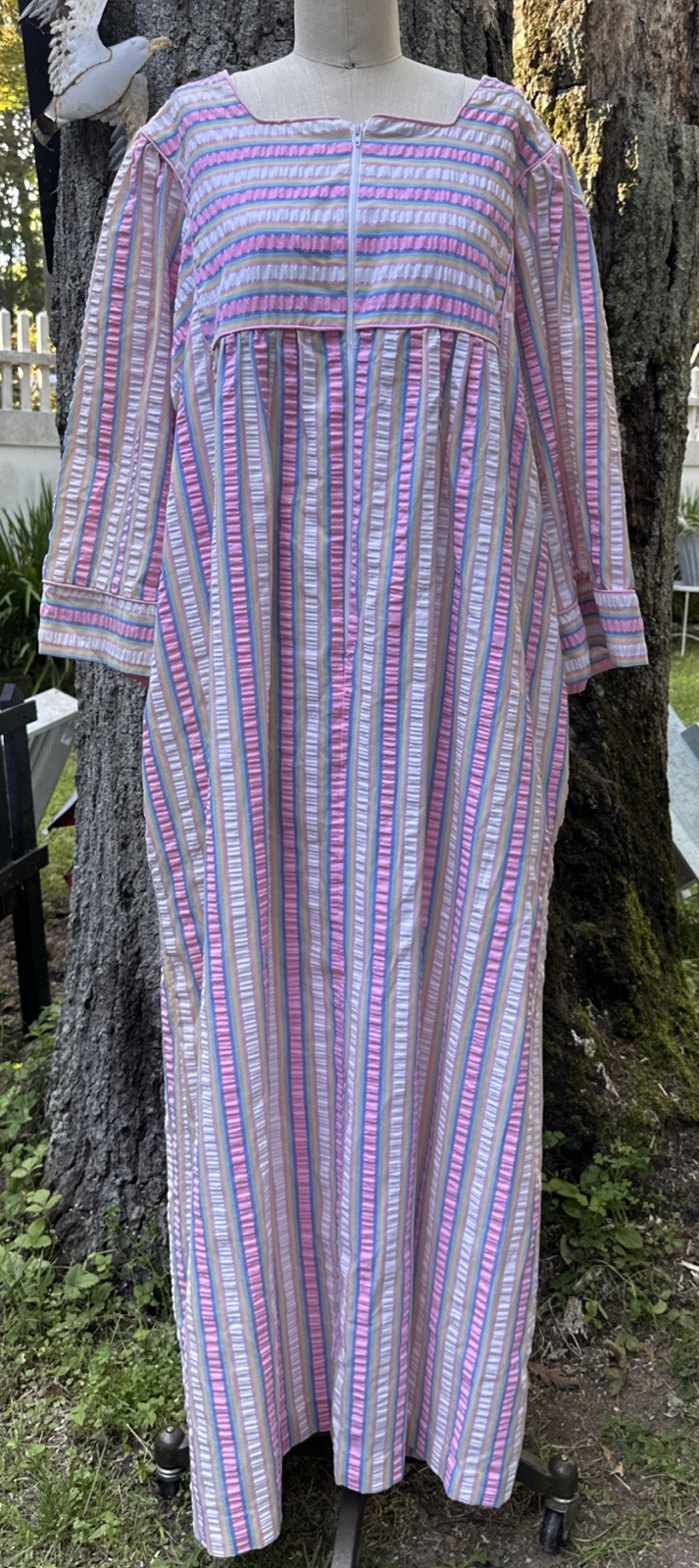 Vintage Saybury Seersucker House dress Robe Long Pastel Stripes Size 1X