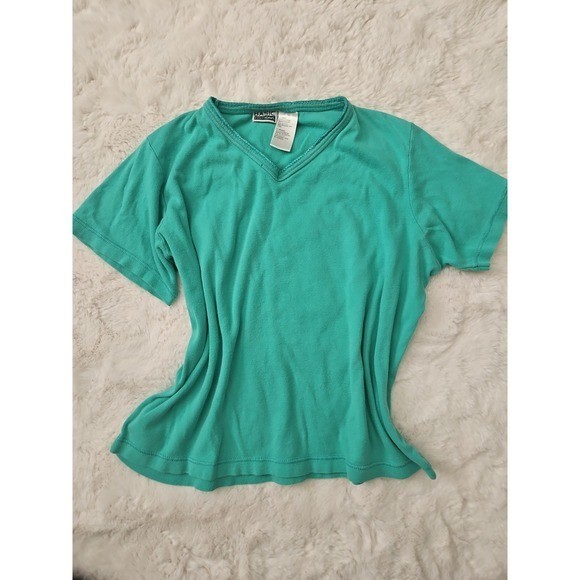 Basic Editions Vintage Teal Green V-Neck T-Shirt Large 100% Cotton Boxy Y2K