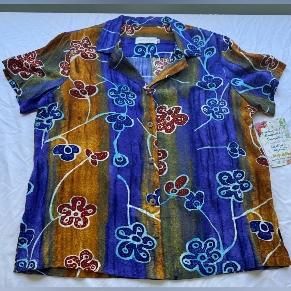 Vintage Jams World Hawaiian Shirt Women’s Large “Charms” 90s Tropical Vacation
