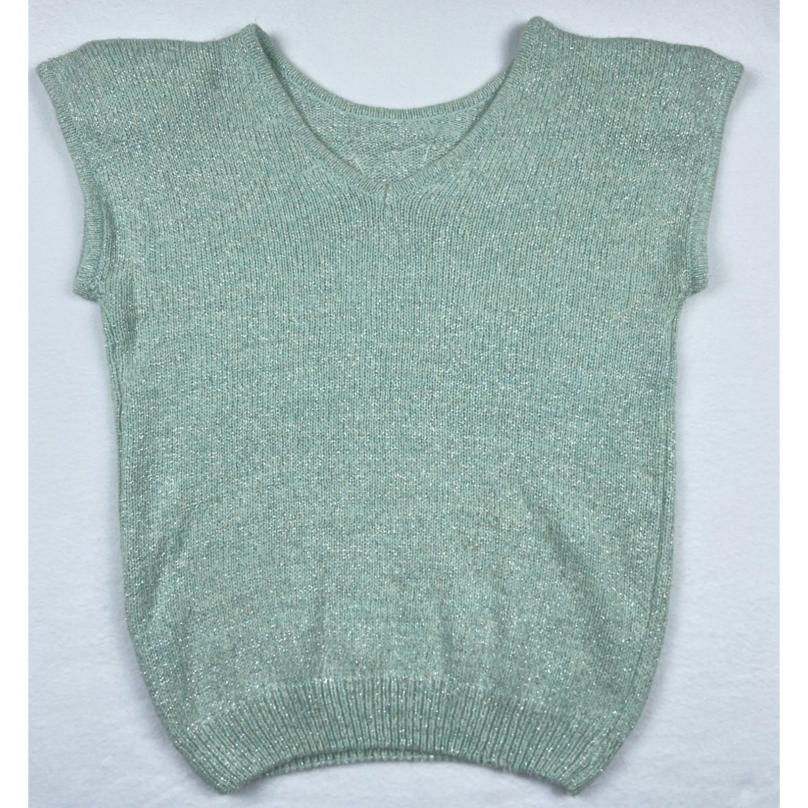 Vintage Heidi Mint Green Metallic Knit Silk Angora Wool Beaded Bow Top L