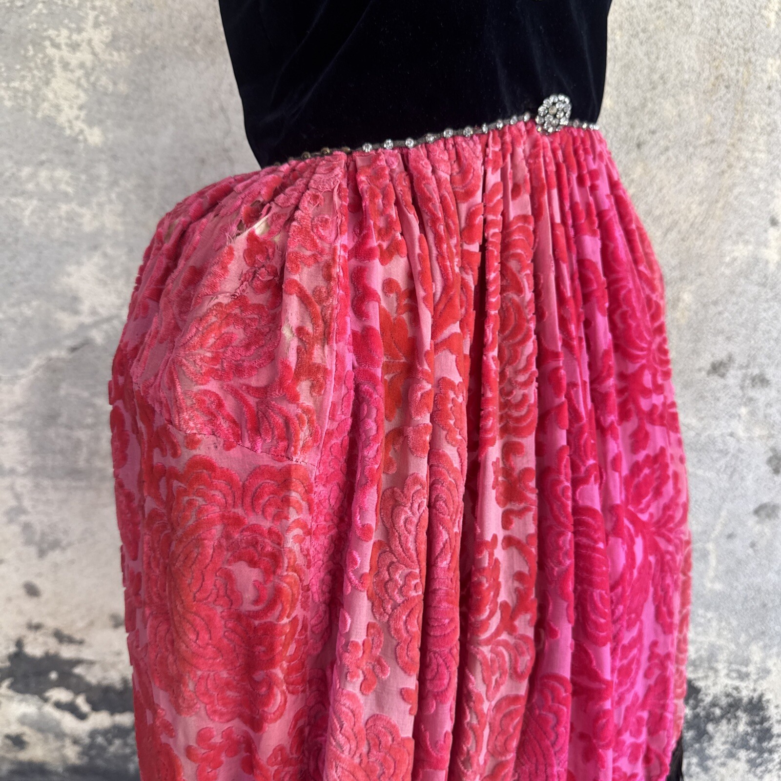 Antique 1920s Robe De Style Stage Dress Pink Devore Velvet Fringe Rhinestone VTG