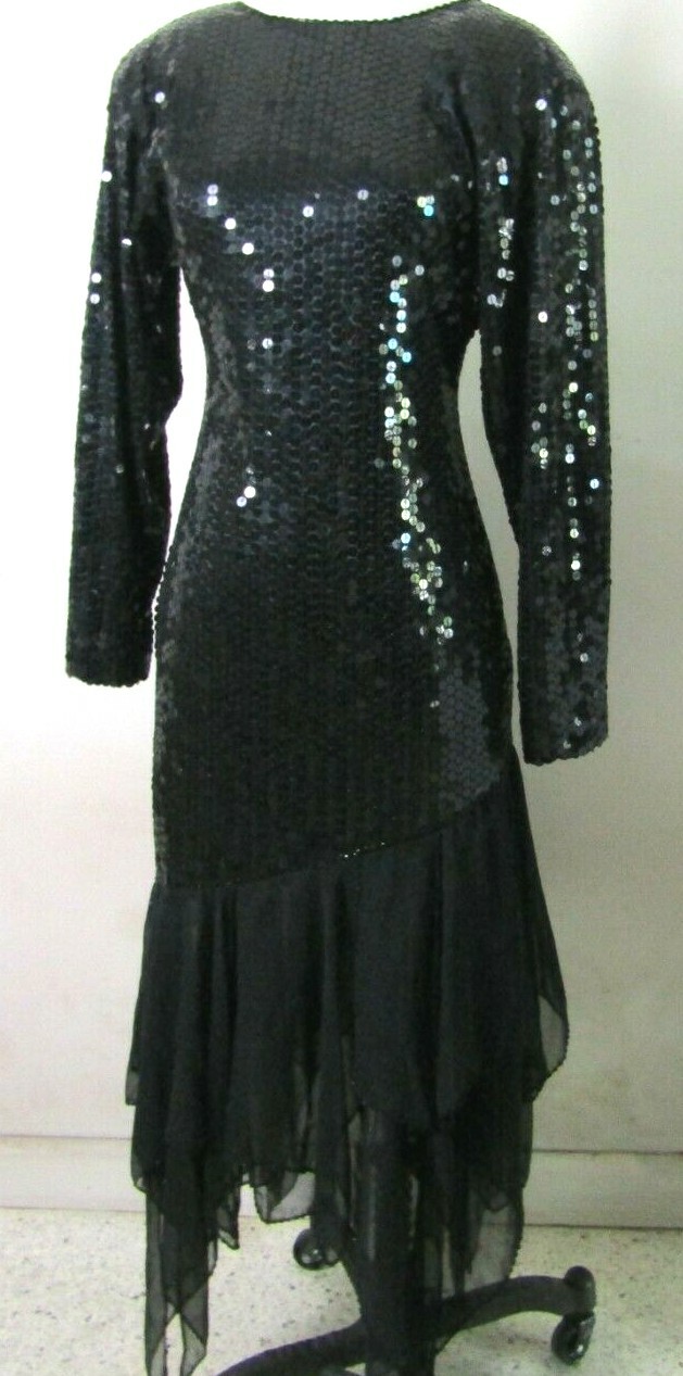 Vtg 80’s Swee Lo Black Sequin Beaded Long Sleeve Handkerchief Hem Evening Dress