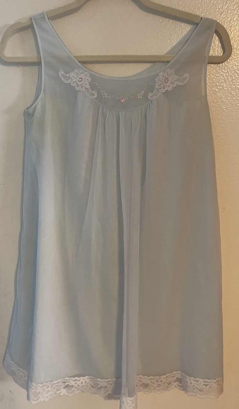 Vintage Shadowline Nightgown Light Blue Pastel Lace Embroidery Size Petite Small