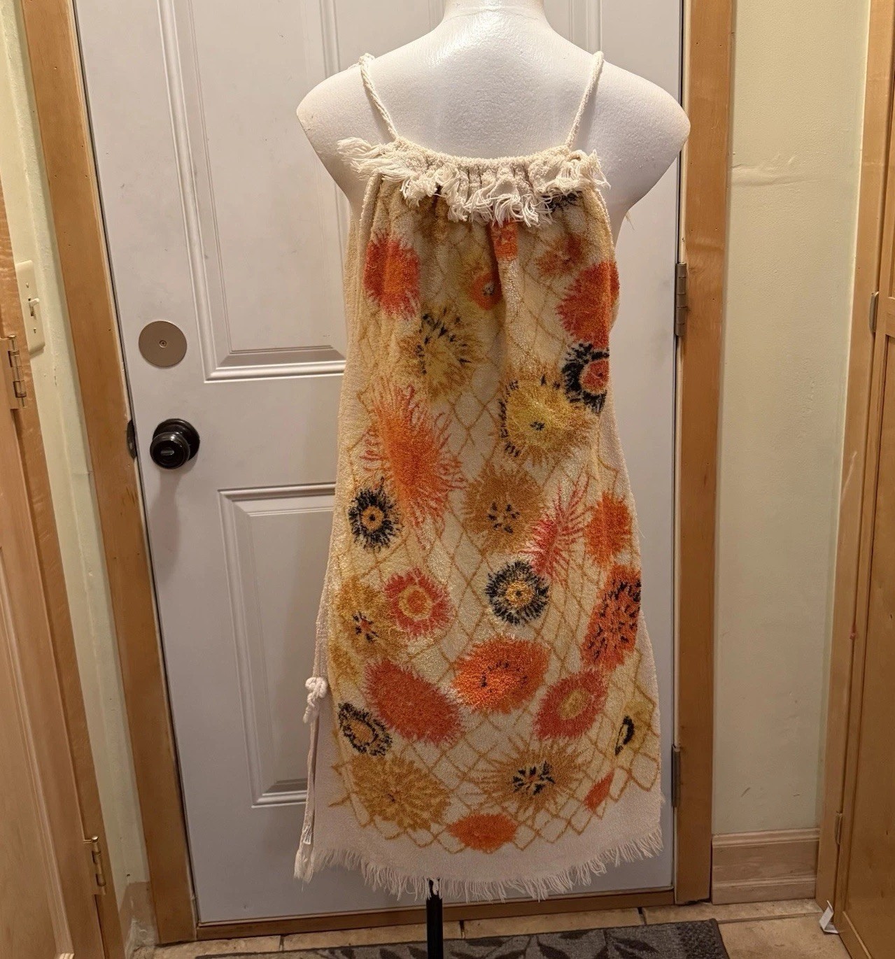 Vtg Terry Cloth Towel Dress Cotton Swim Beach Cover Up Flowers Fringe S/M Cannon