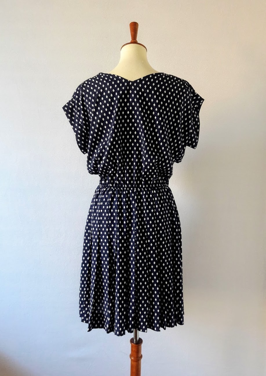 1980s Navy Blue and White Diamond Print Satin Midi Dress