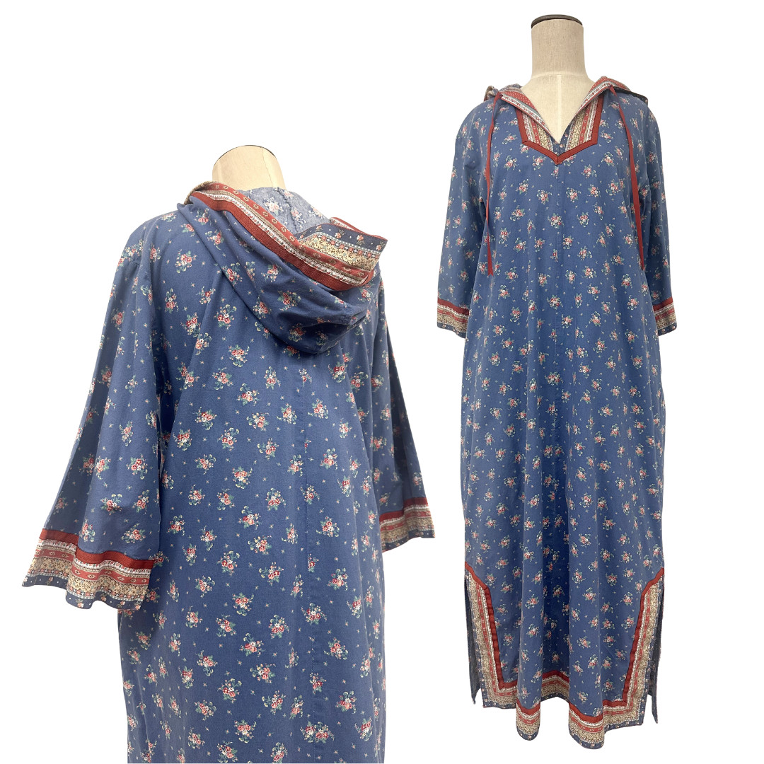 Vintage 1970s Bohemian Hooded Blue Floral Ribbon Trim Maxi Tunic Dress