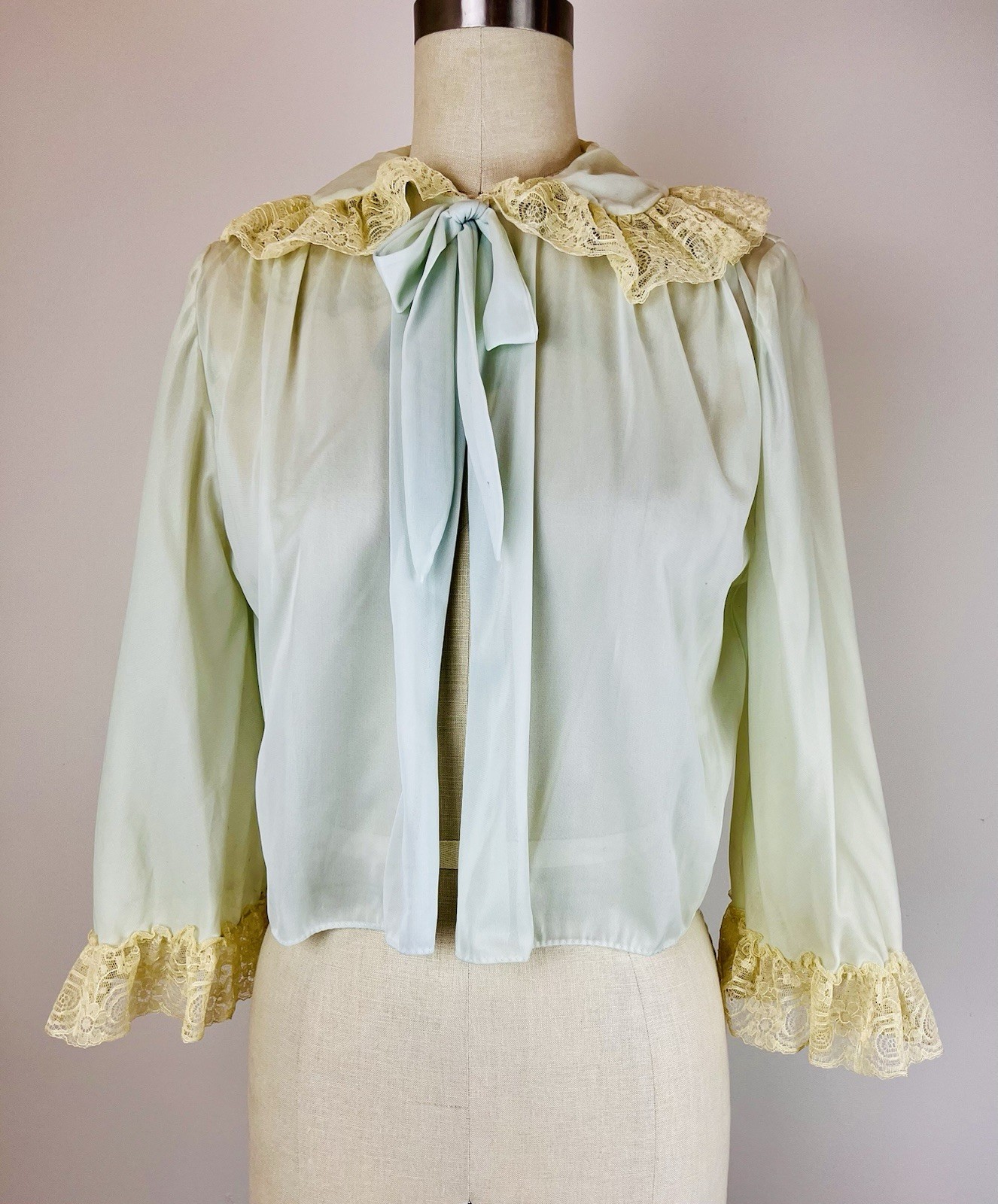 Vintage 50s 60s Pastel Blue Bed Jacket Delicate Cream Lace Trim Nylon Cropped S