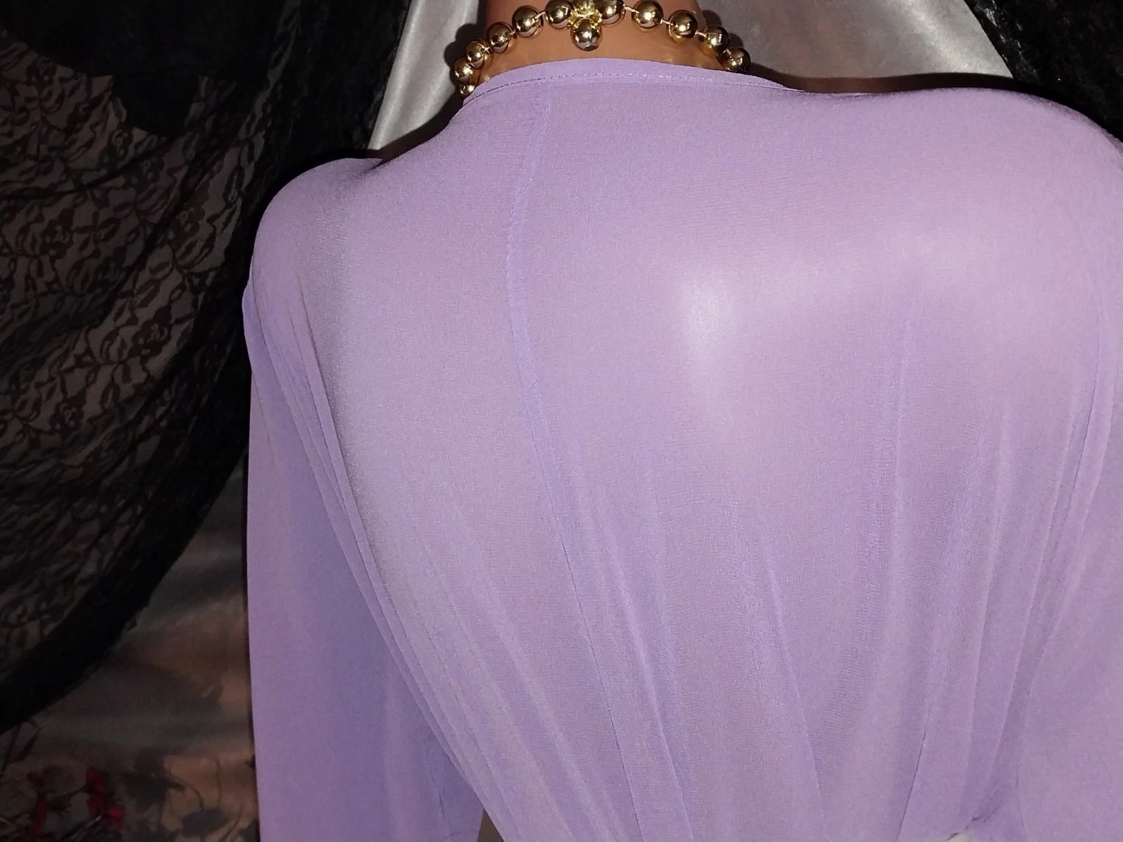 VTG SILKY SEMI SHEER TIERS PURPLE CHIFFON LONG TWIRLY ROBE DUSTER OSFM 52 54″