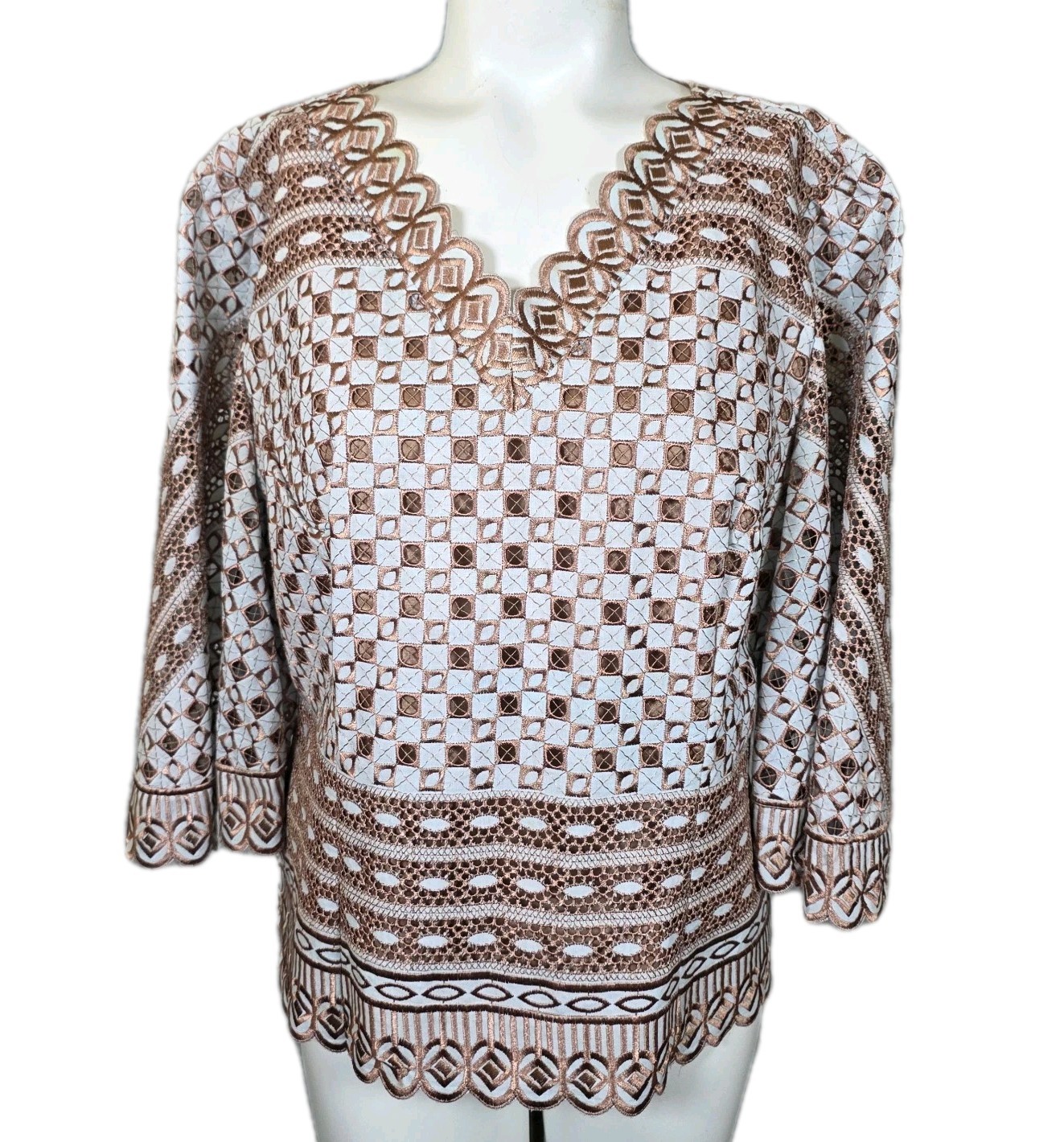 Vtg 70s Guipure Lace V-Neck Top Copper Geometric Cutwork Boho Scalloped Peplum M