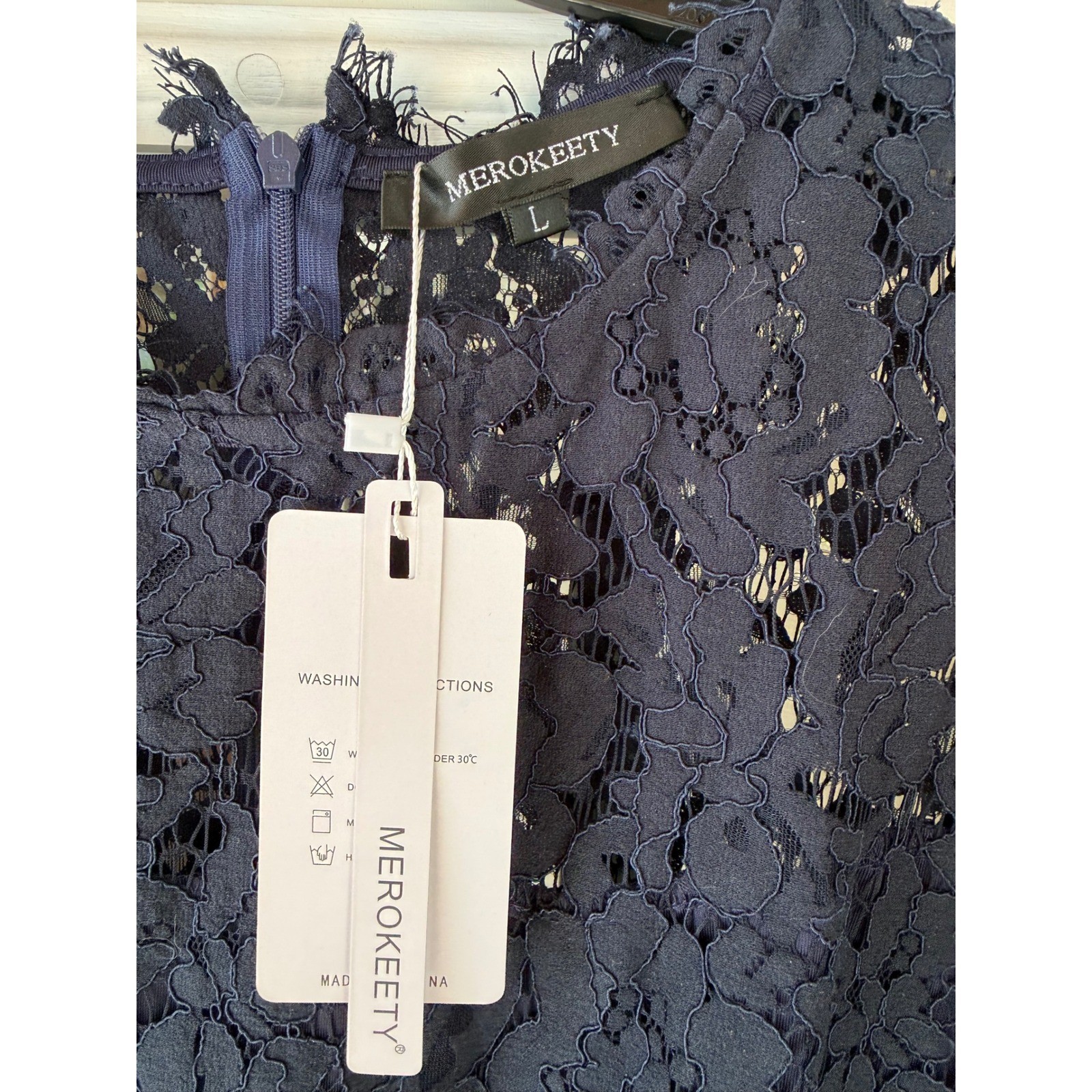 Lace navy cocktail wedding guest dress cap sleeves, illusion neckline, lg