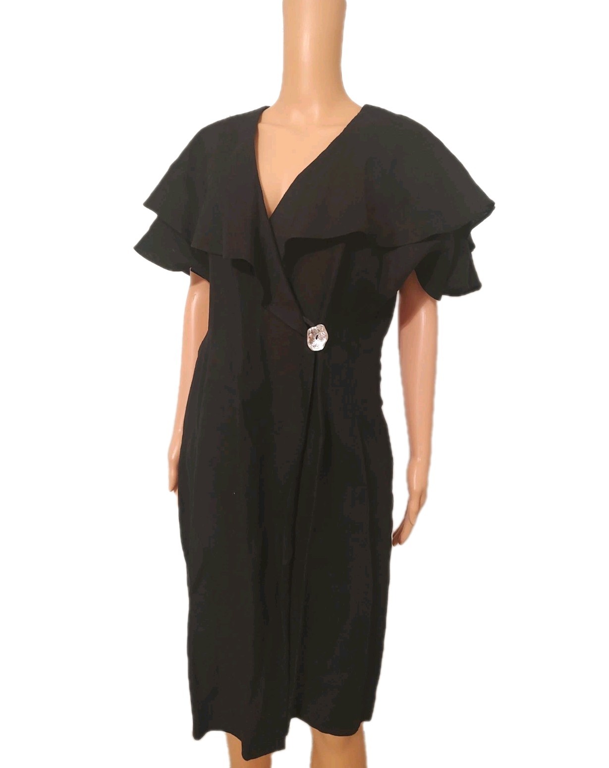 Vintage 100% Linen Quiet Luxury Black Wrap Dress Size 12 Beau David Shell -DP17