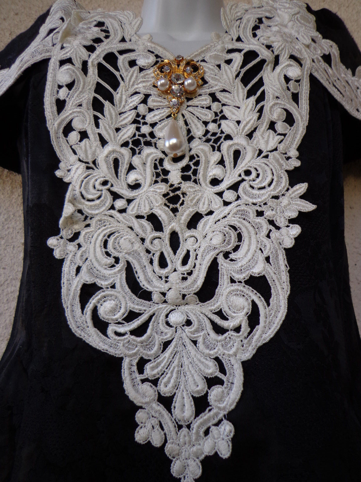 VTG 90s PROM DRESS Cocktail Party MINI Jeweled Accent Black Satin Brocade LACE