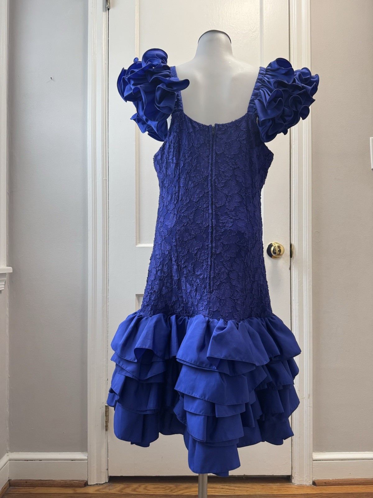 Vintage 80s Night Moves New York Blue Lace Prom Dress Ruffle Puff Sleeve 13/14