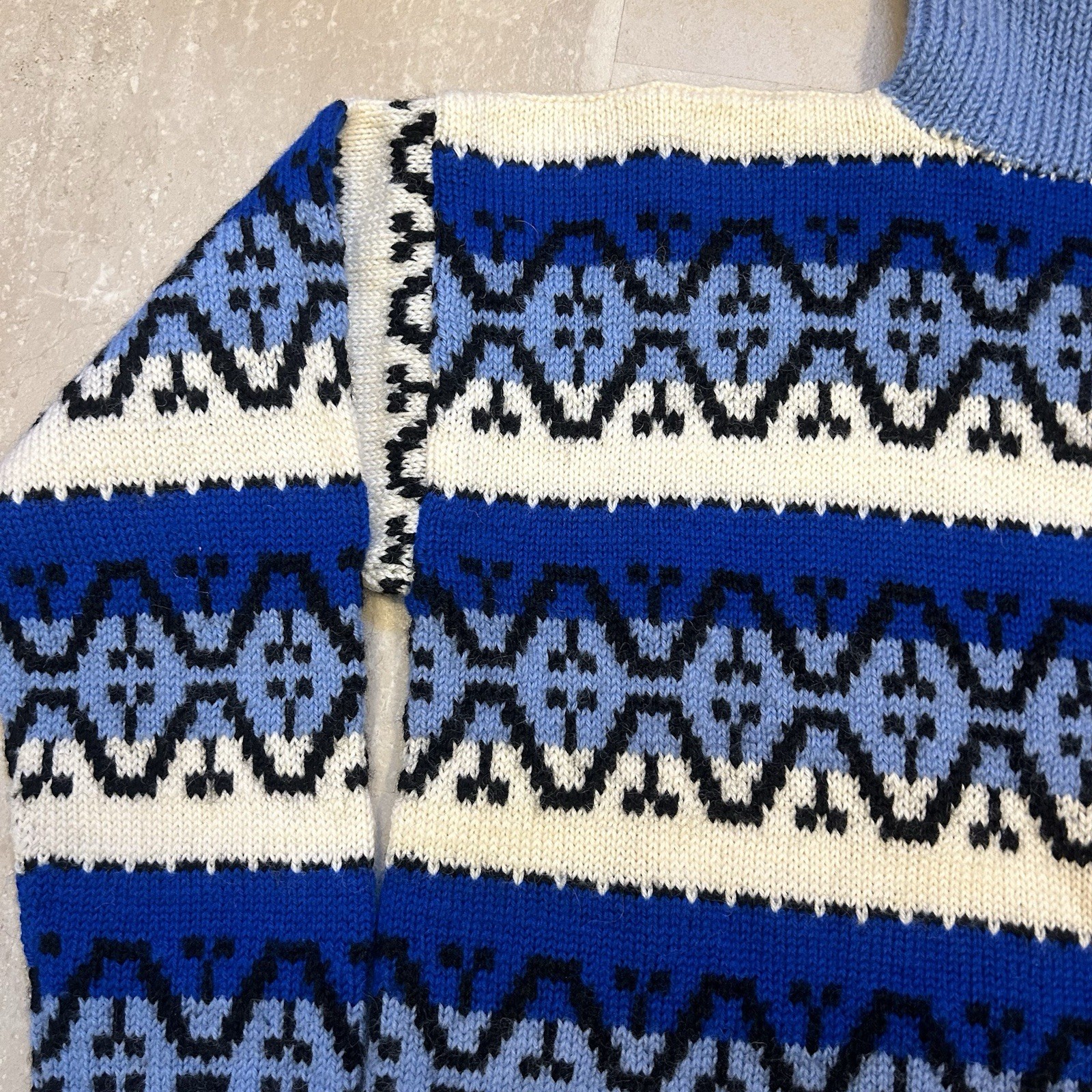 Vintage Handknit Wool Blue, White, And Black Winter Turtle Neck Sweater