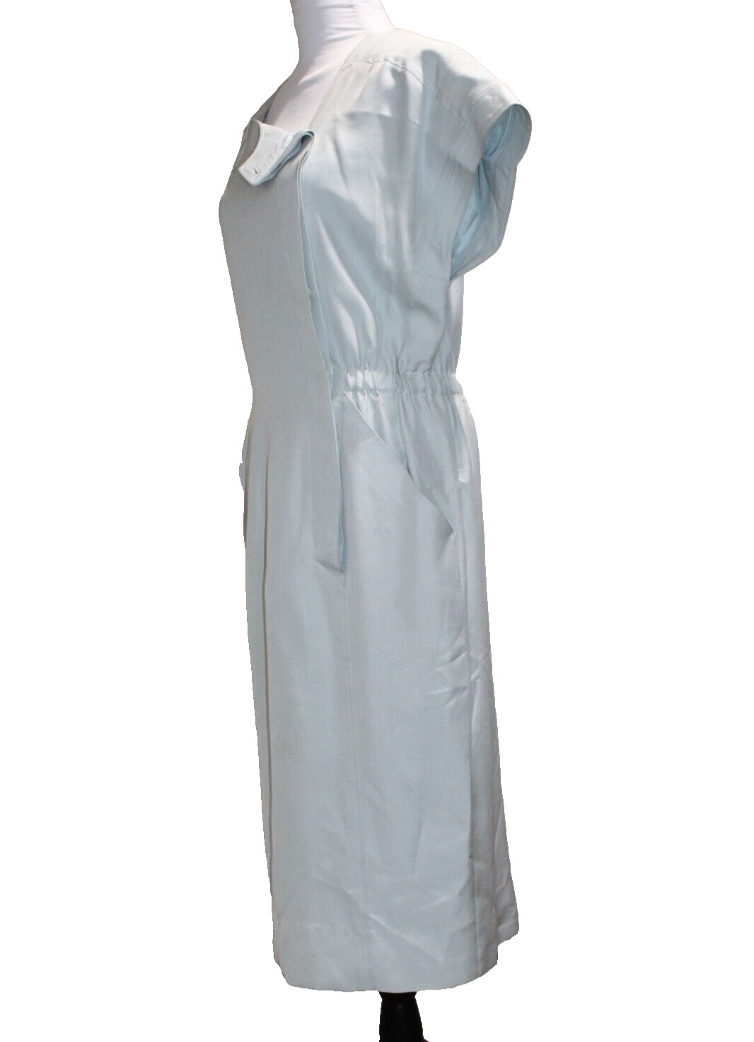 Vintage CHANEL Pale Blue Sheath Silk Dress 80s Square Shoulder Pockets Size 2