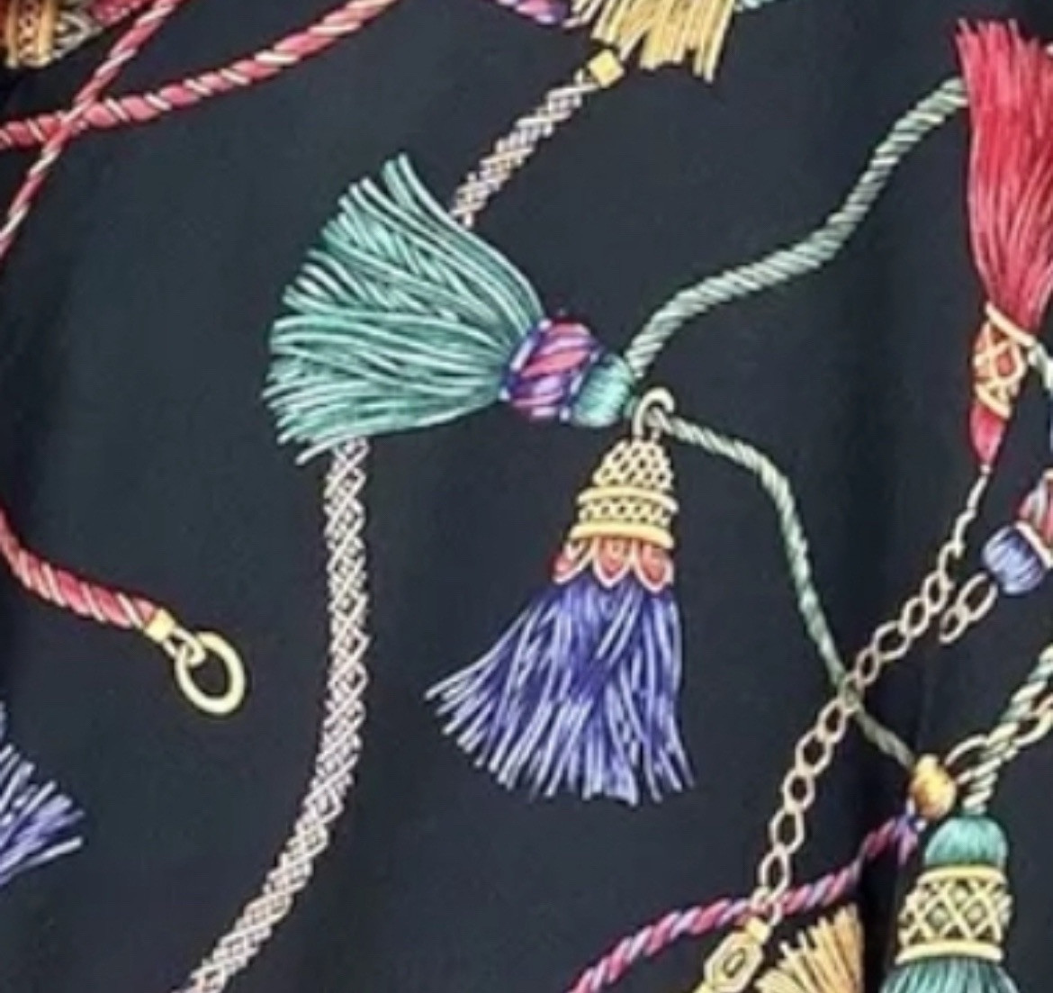 TALBOTS Vintage 80s Tassels Chains Ropes Black Silk Blouse Size 10 M Renaissance