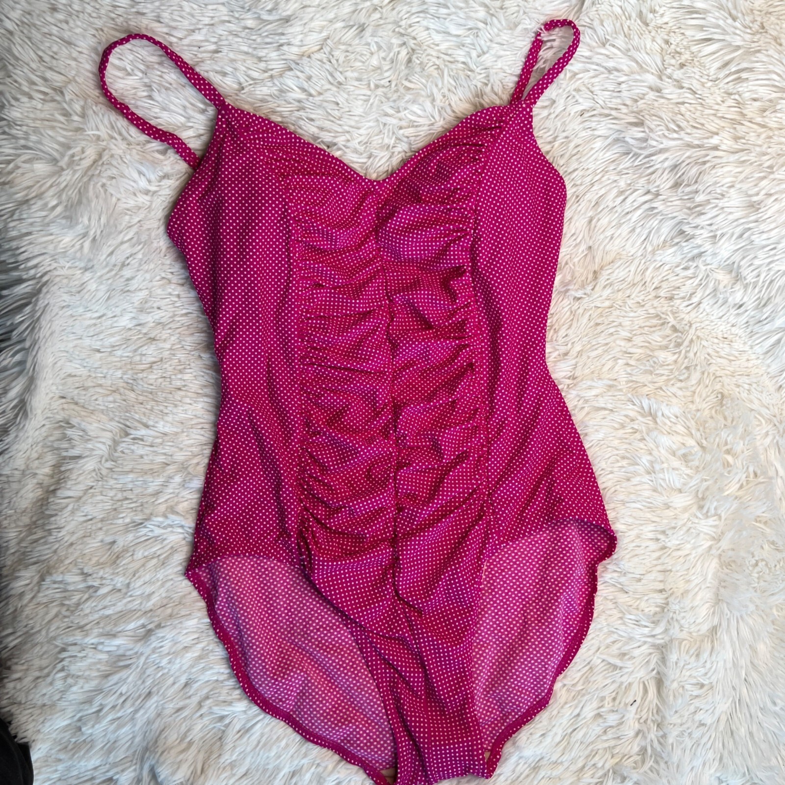 Vintage 80s does 50s Pinup Esther Williams Ruched Pink Polka Dot Swimsuit Sz L