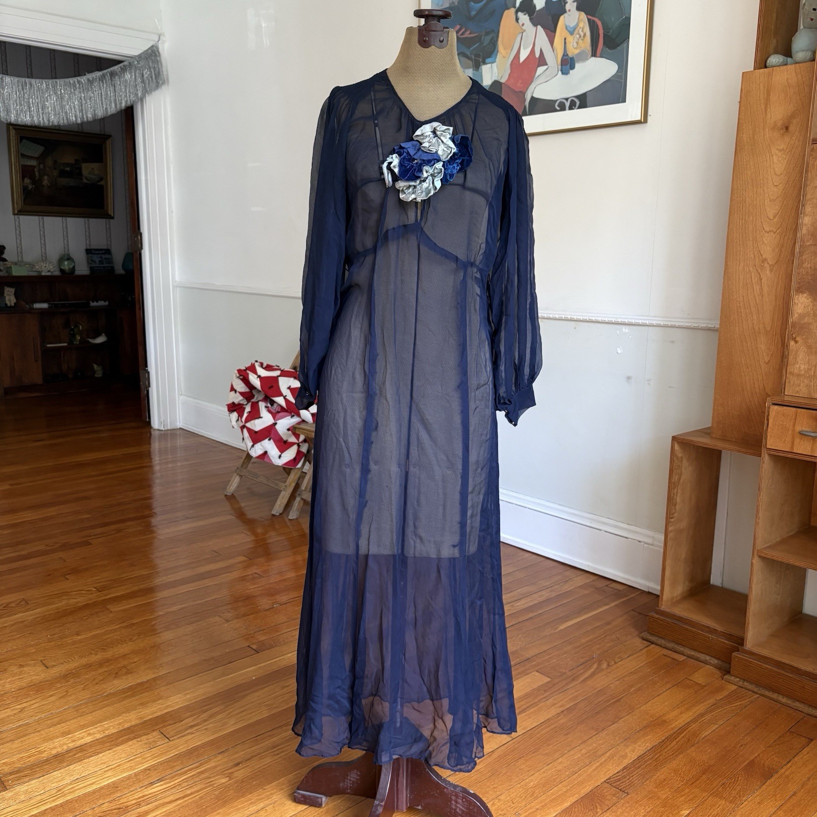 Vintage 1930s Sheer Blue Bias Cut Dress Balloon Sleeve Used As Is