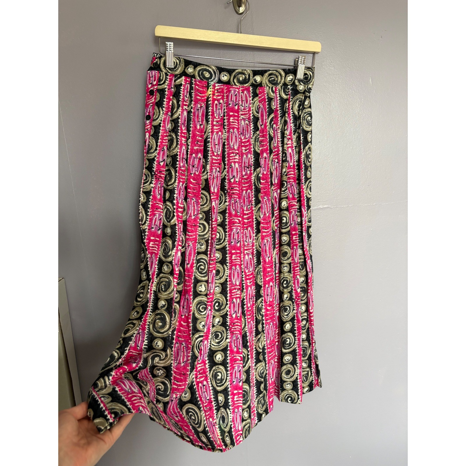 VTG 80 90s Segue Pink Abstract Swirl Pleated Midi Skirt Boho Punk Grunge Art SM
