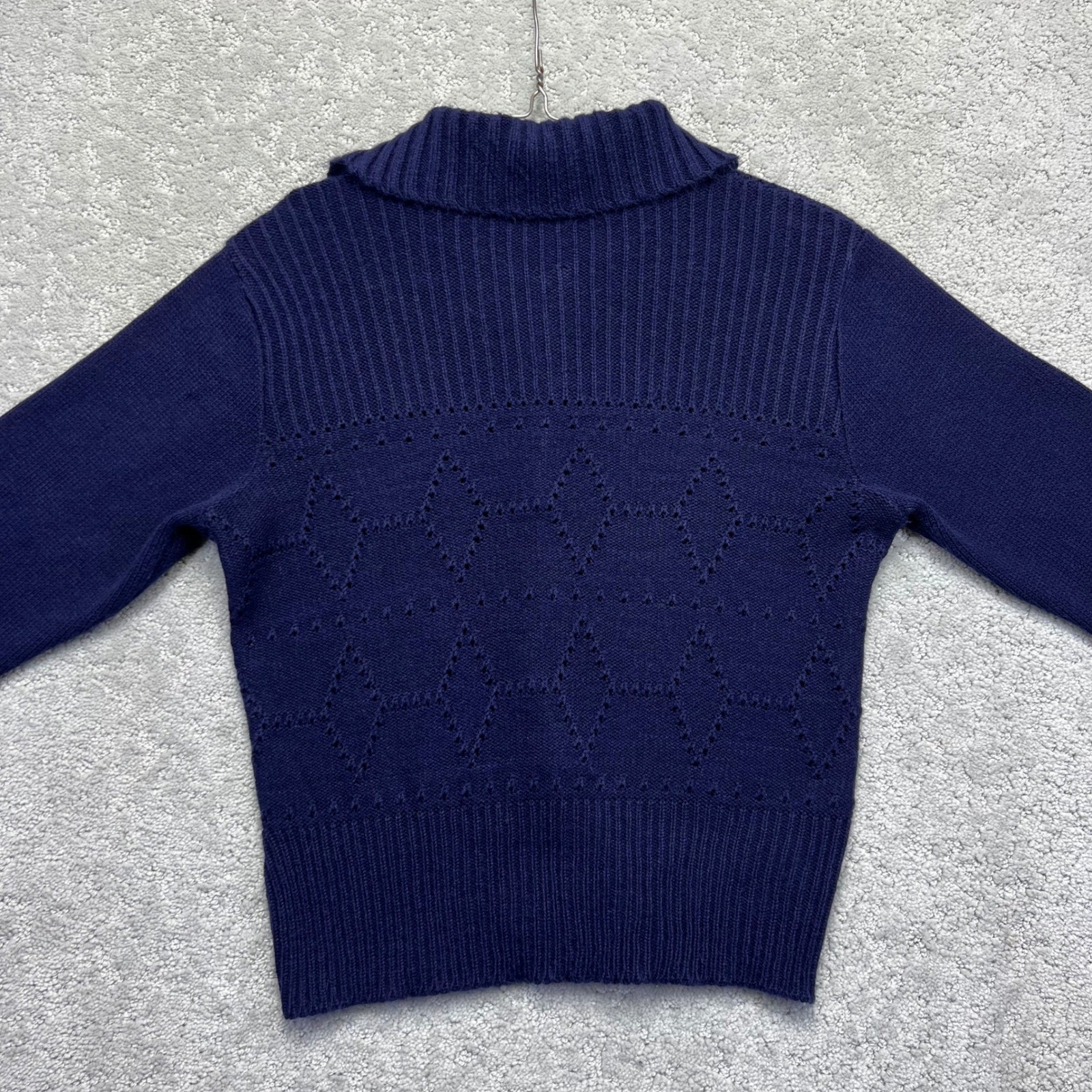 VINTAGE Young Canada Sweater Womens XS/S?? Navy Blue Diamond Knit Zip Up Acrylic