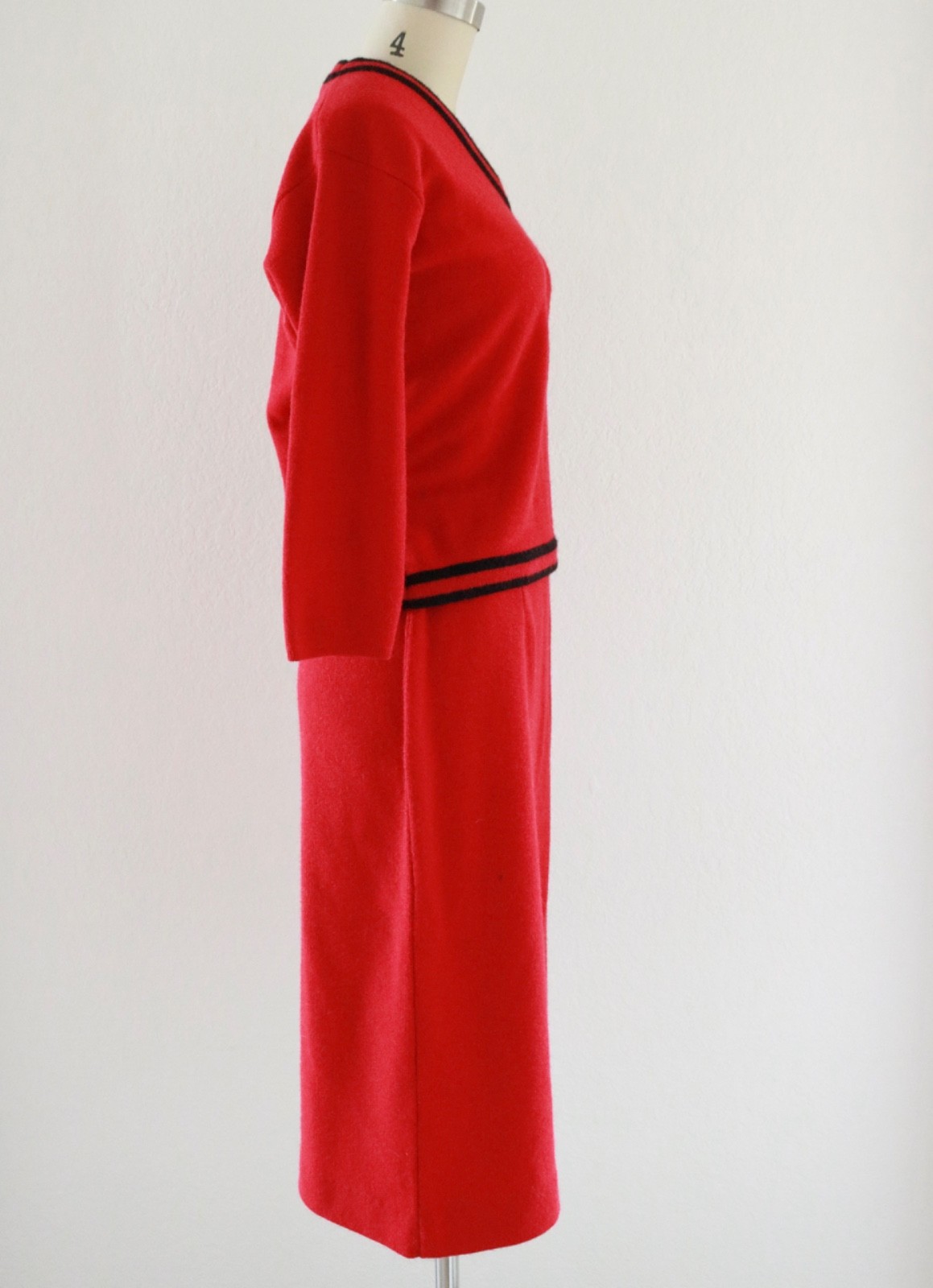 True Vintage 60s Red 2 Piece Sweater Skirt Set Double Knit by Lansing Sz S