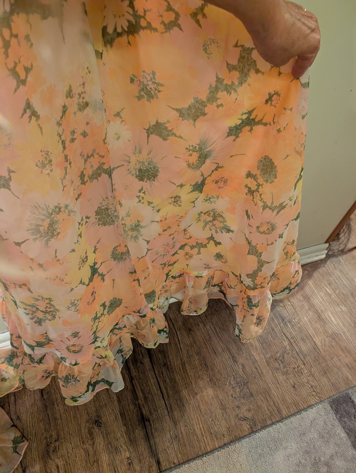 Vintage 1960’s Floral Chiffon Halter Maxi Dress W Cape Sz 7 Union Made.Cottage