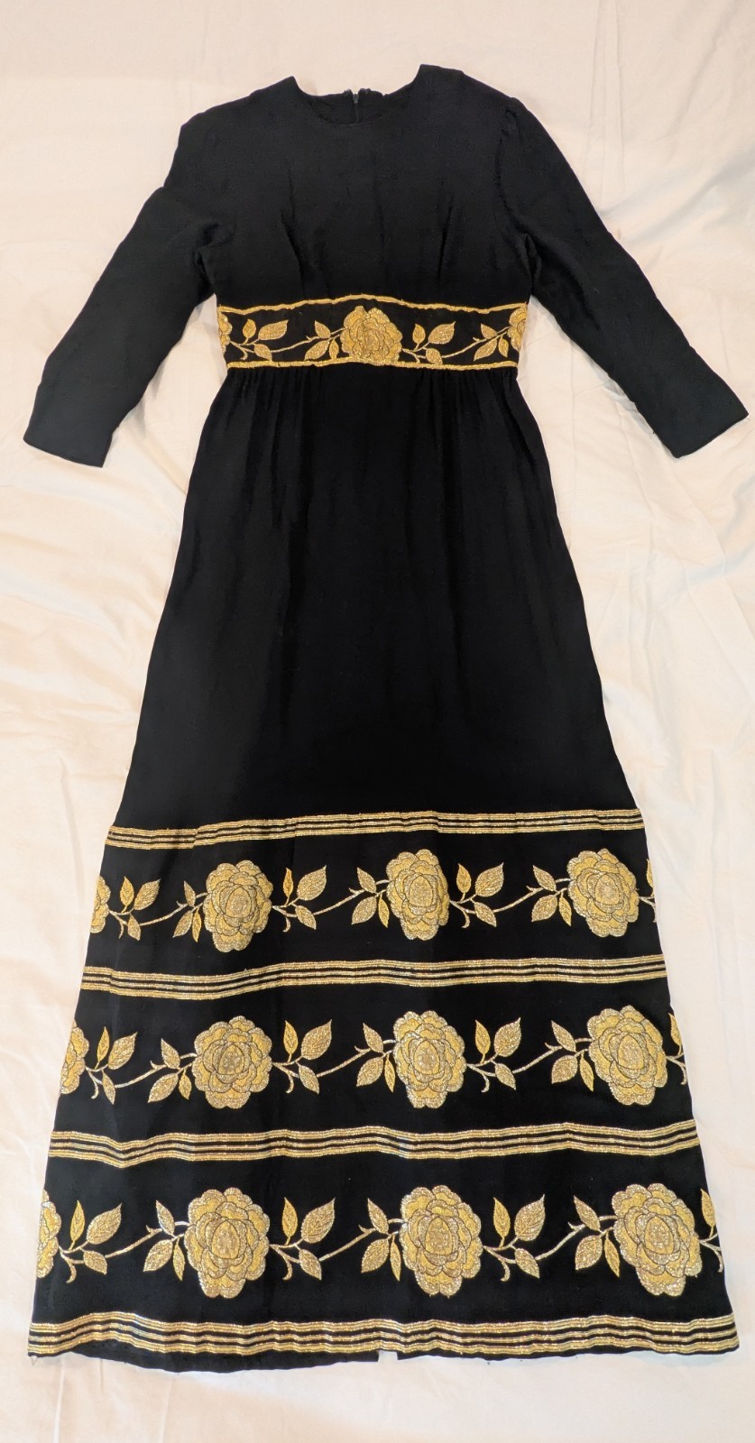 Vintage 70s Maxi Dress Black And Gold Size Small/Medium 29 Inch Waist