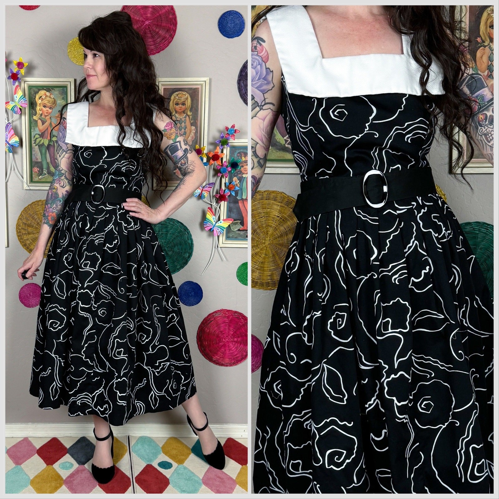 Vintage 1970s Black & White Sleeveless Fit & Flare Cotton Midi Dress | 28″ Waist