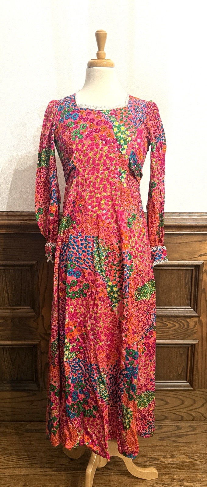 Vintage 60s Flower Power Hippie Long Sleeve Maxi Dress XS 0 2