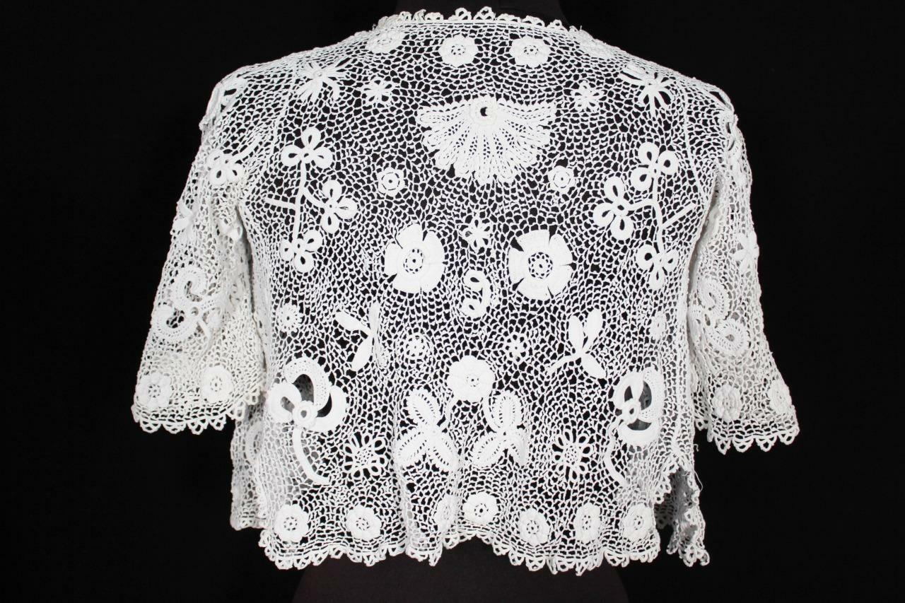 RARE FRENCH EDWARDIAN WHITE COTTON IRISH LACE SHOULDER JACKET SIZE 2X SMALL