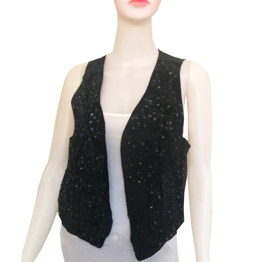 Vintage 1970s Black Velvet Sequin Vest Size S 70s Disco