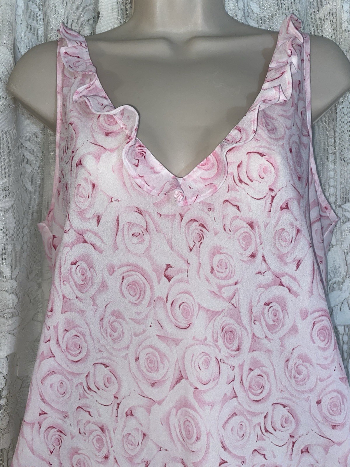 Vtg L XL Semi Sheer PINK ROSES Motif Babydoll NIGHTIE Nightgown w Ruffle Trim