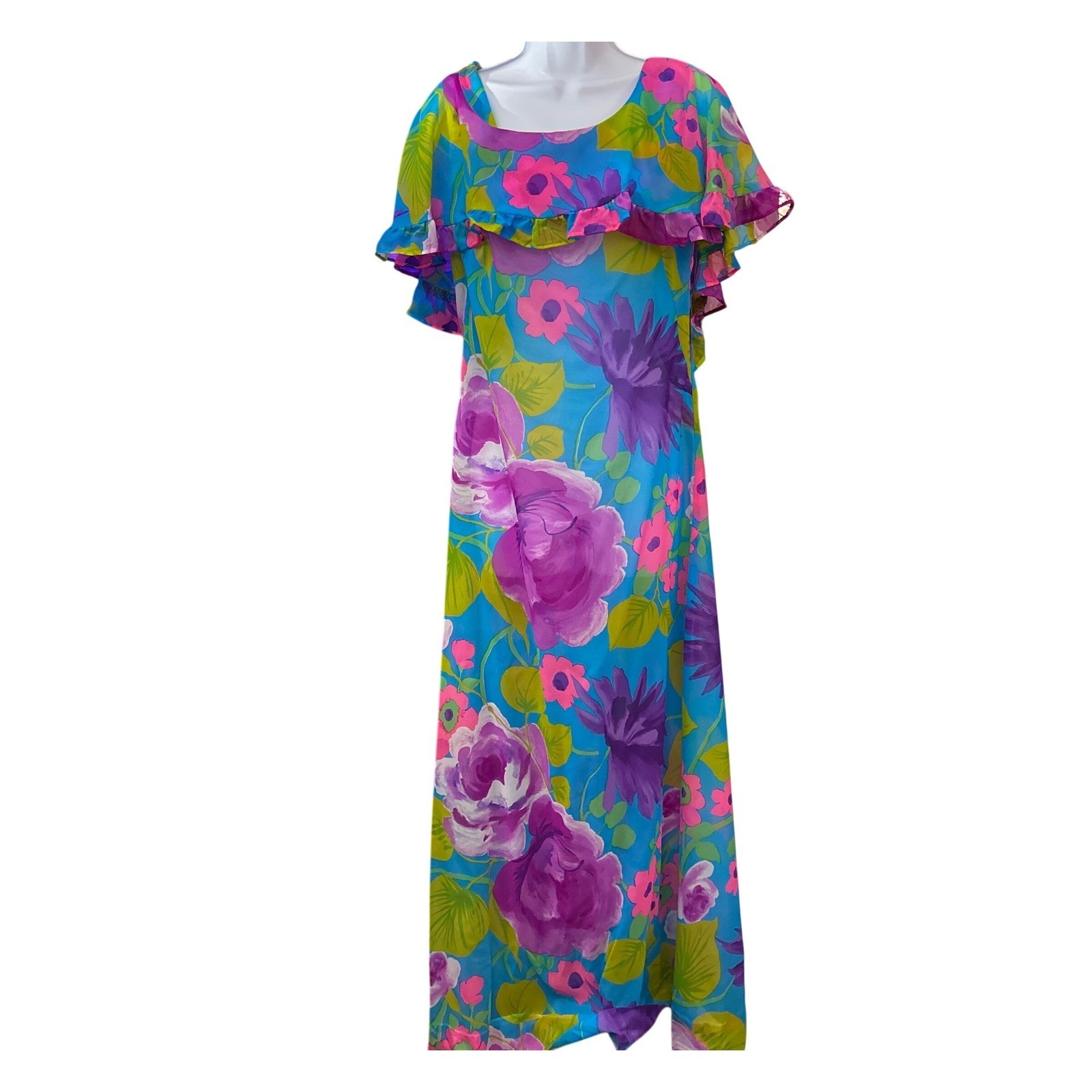 Vintage Sheer Maxi Dress Psychedelic Floral Mod Boho Hippie Flowy Resortcore 70s