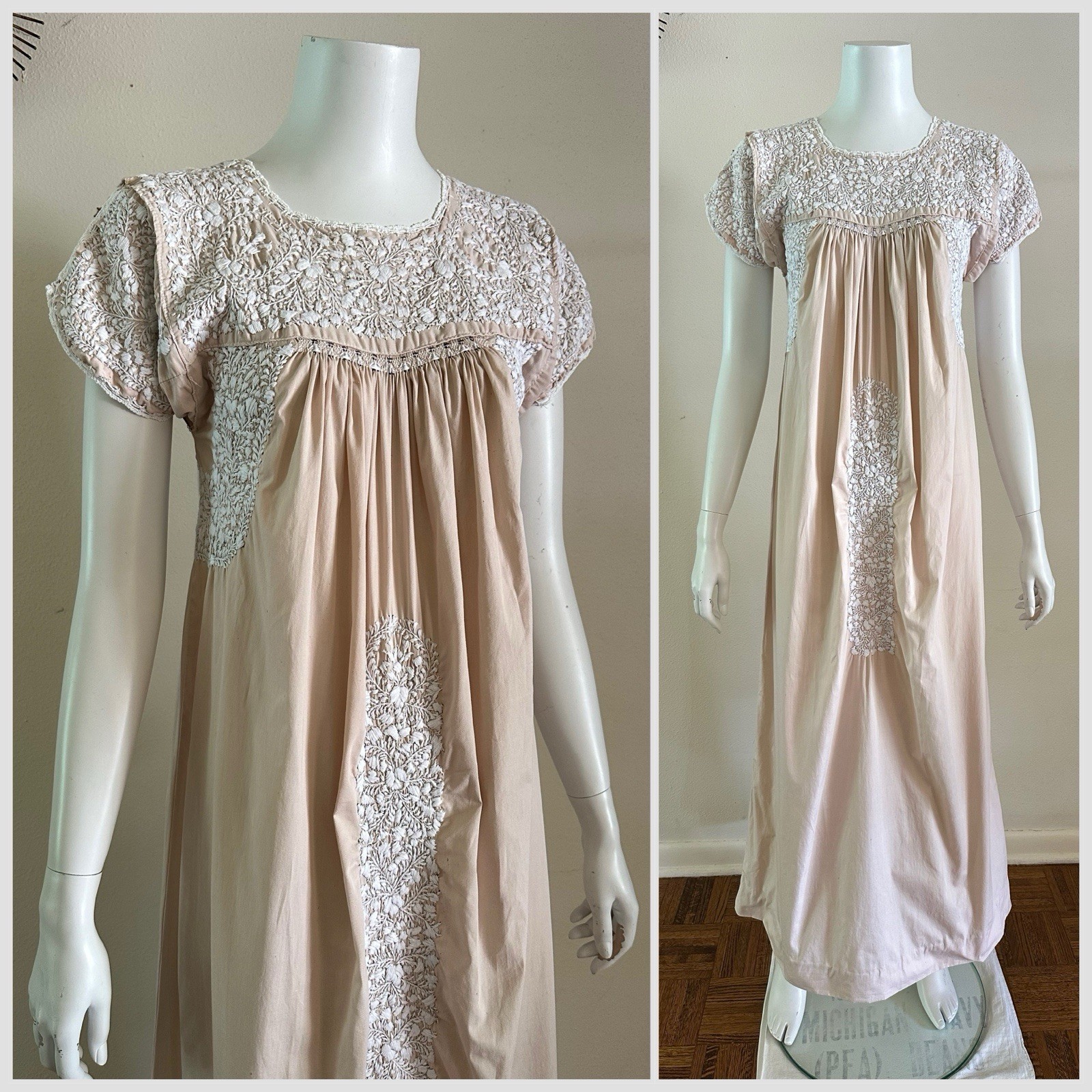 1970s San Antonino Oaxacan Huipil Dress Mexico Cotton Hand Embroidered Maxi VTG