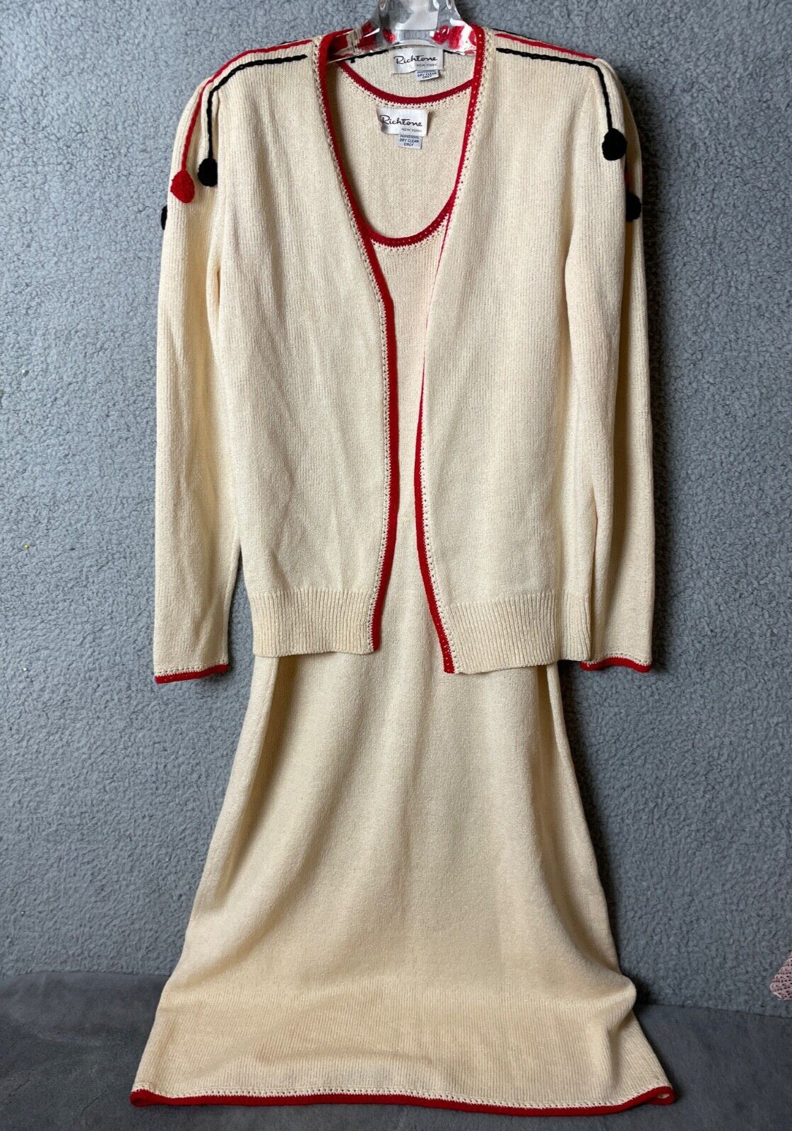 Vintage Richtone NY Dress Sweater Set Womens M/L Cream Knit Red Blk Pom Poms VTG
