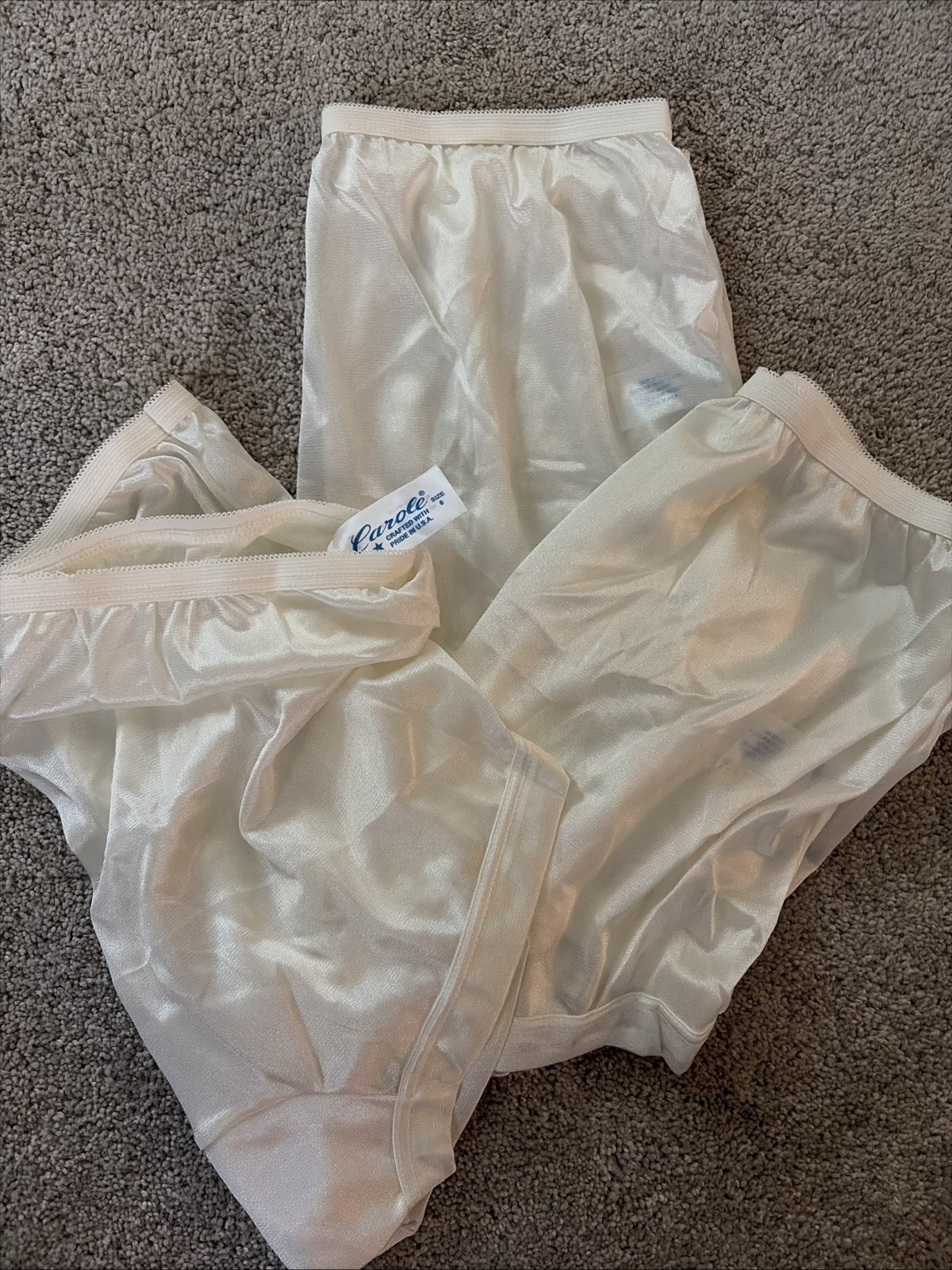 3 pair Vintage Silky Shiny Ivory Carole Size 7 Nylon Brief Granny Panty. NWOT