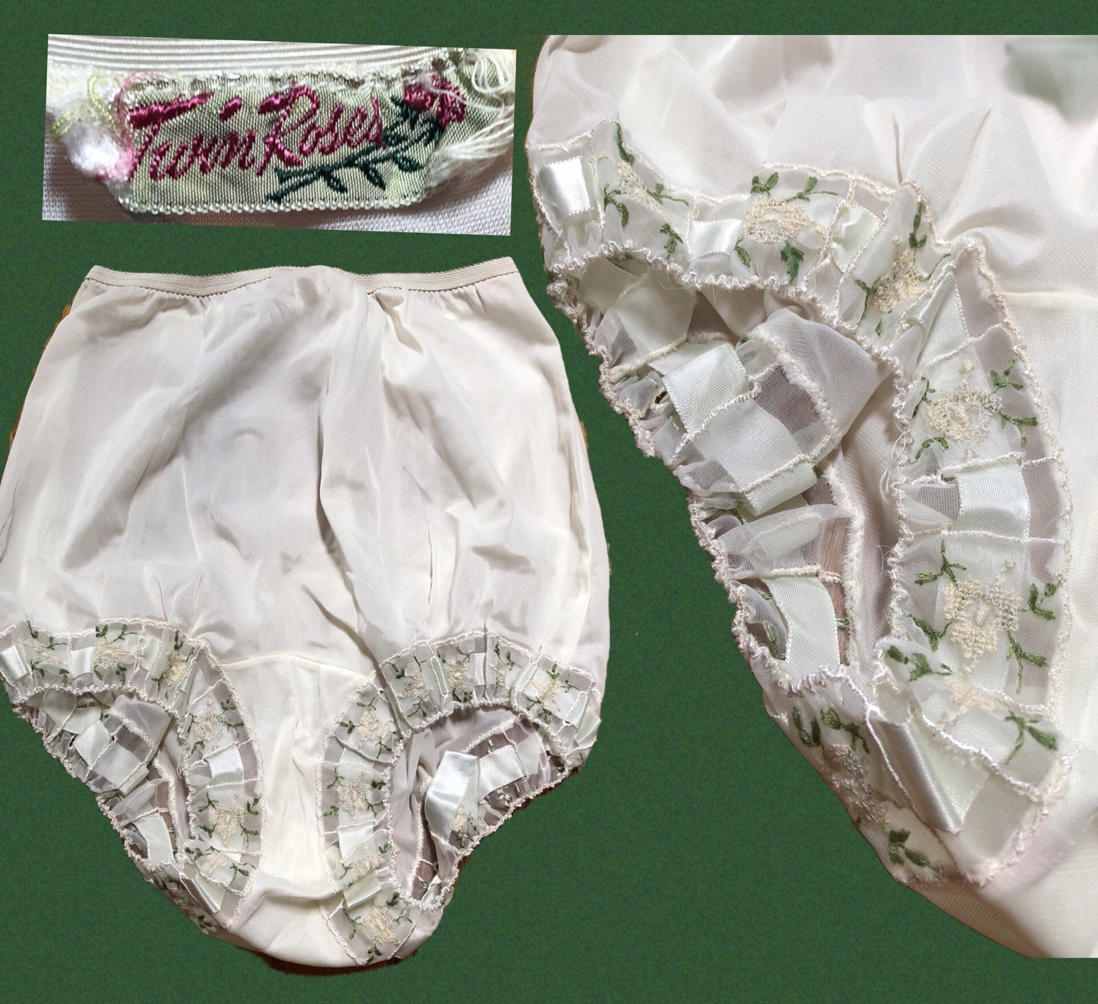 VTG 1950s WEDDING NIGHT B. Altman TWIN ROSES Ivory High Waist SATIN RIBBON PANTY