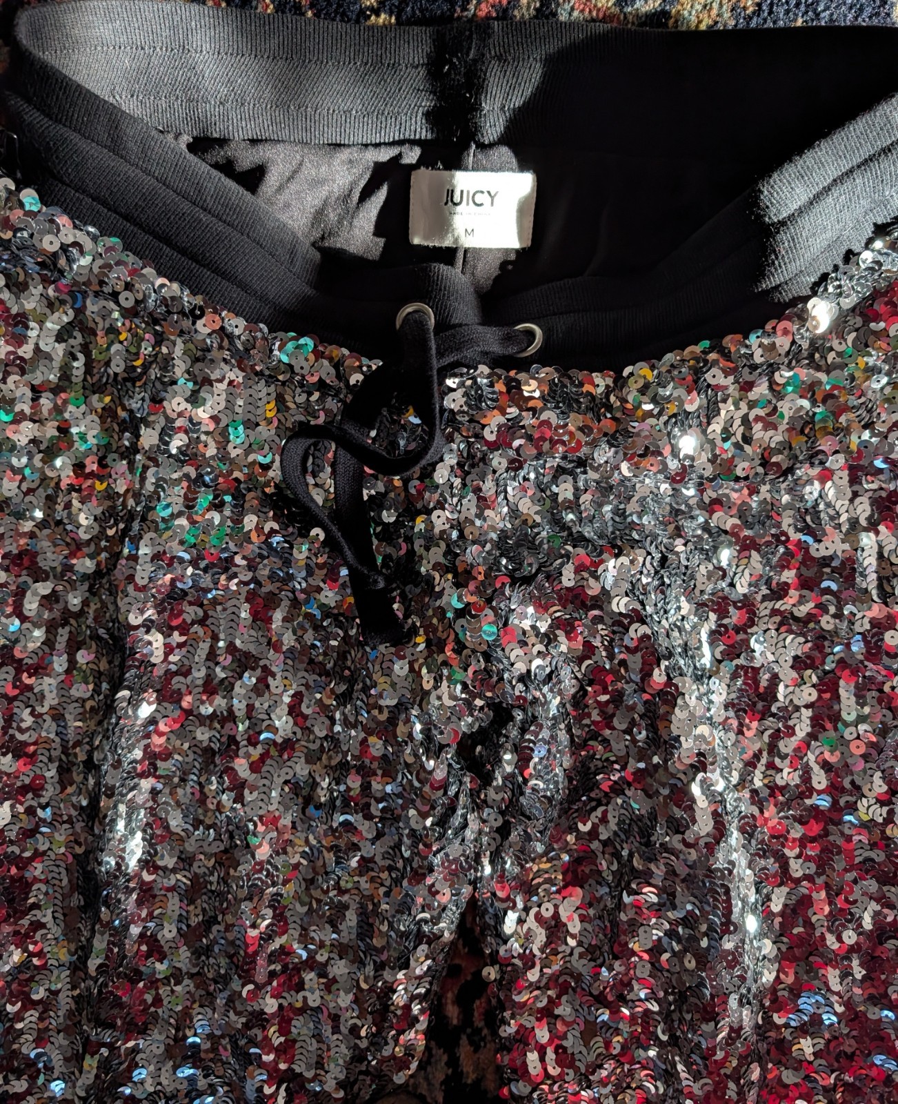 JUICY Silver Sequin Pants Women Sz Med Drawstring Y2K Rave Fully Lined Pull-on