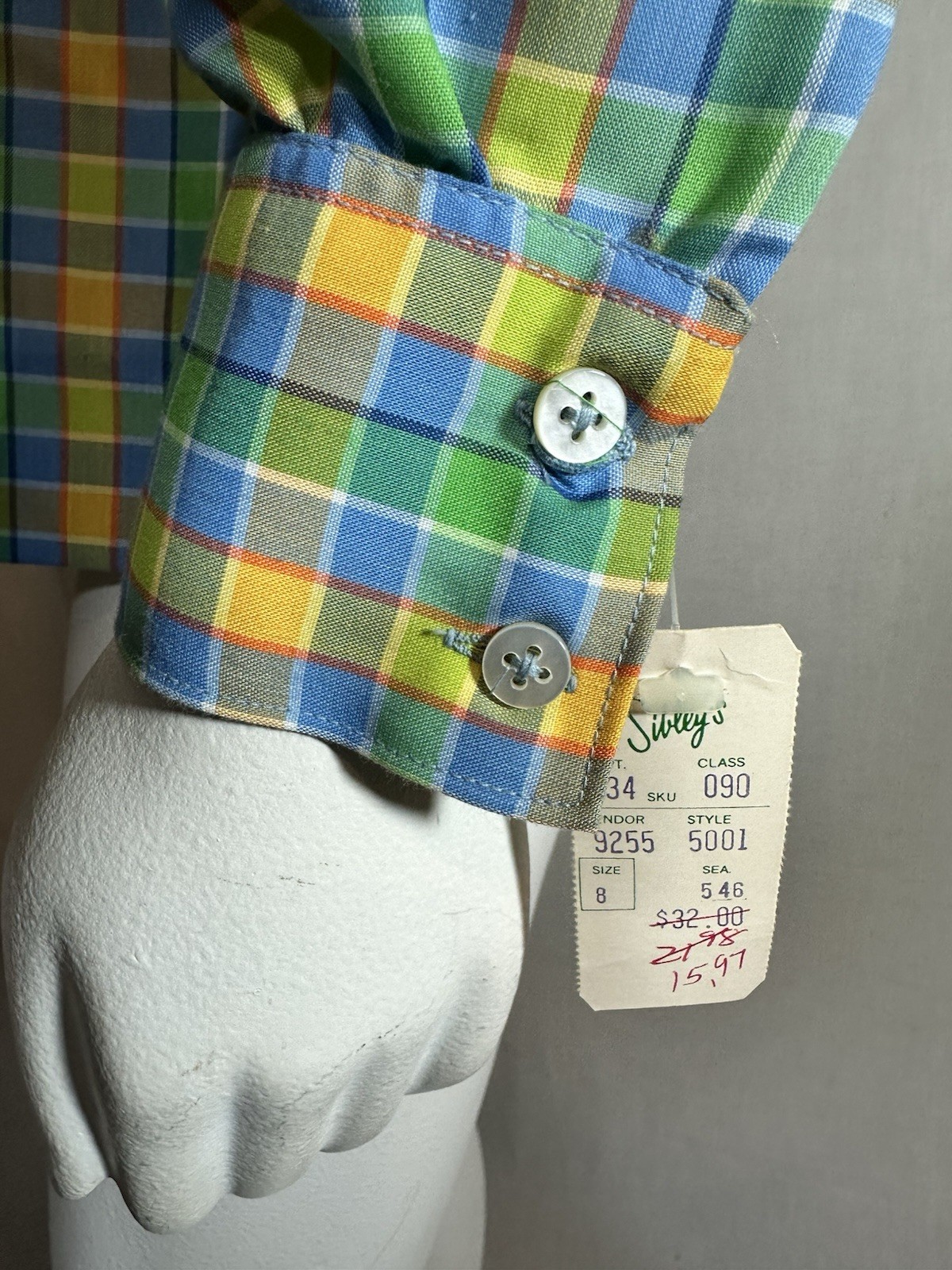 VTG 70s Hippie Evan-Picone Blouse Pointy Collar Green Plaid Cotton Sz 8 NWT