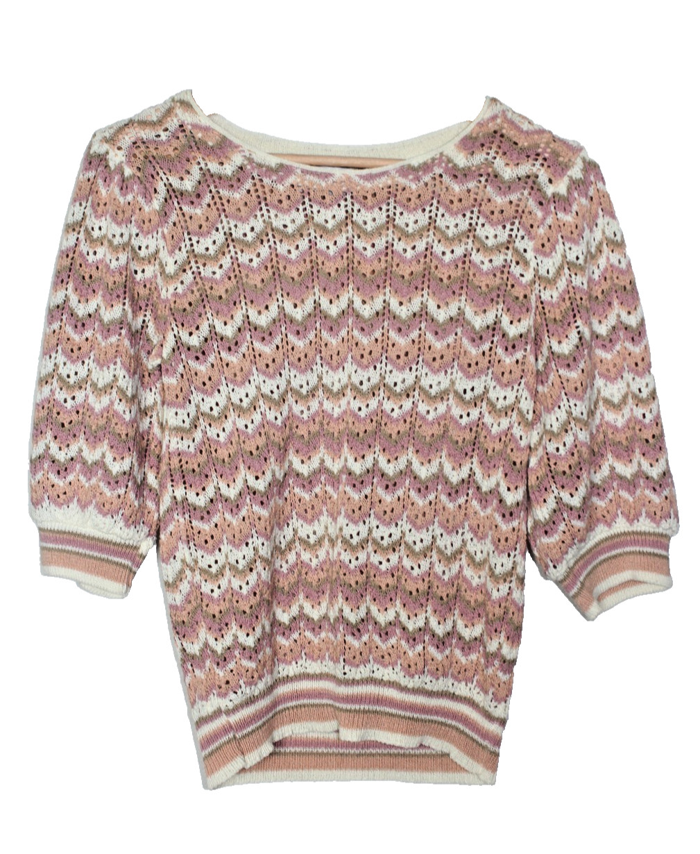 VTG College Town Chevron Knit Sweater Small Pink Cream Open Knit 70s Retro S XS
