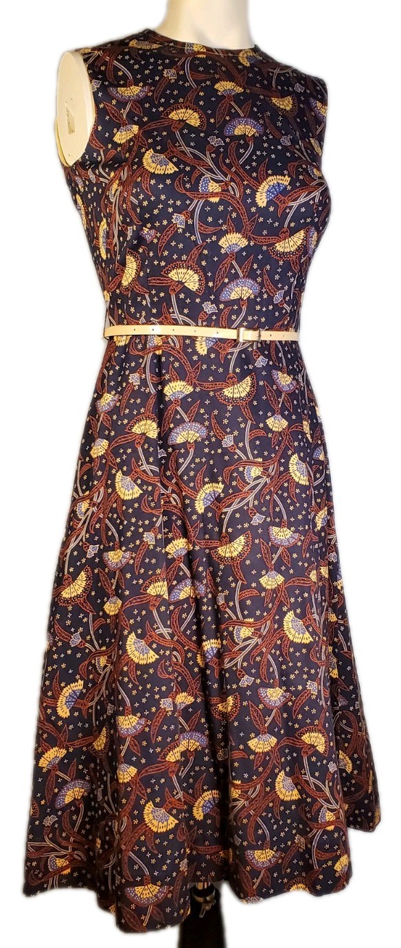 VTG 70’s original sleeveless midi cotton oriental fan botanical print Sz 4-6