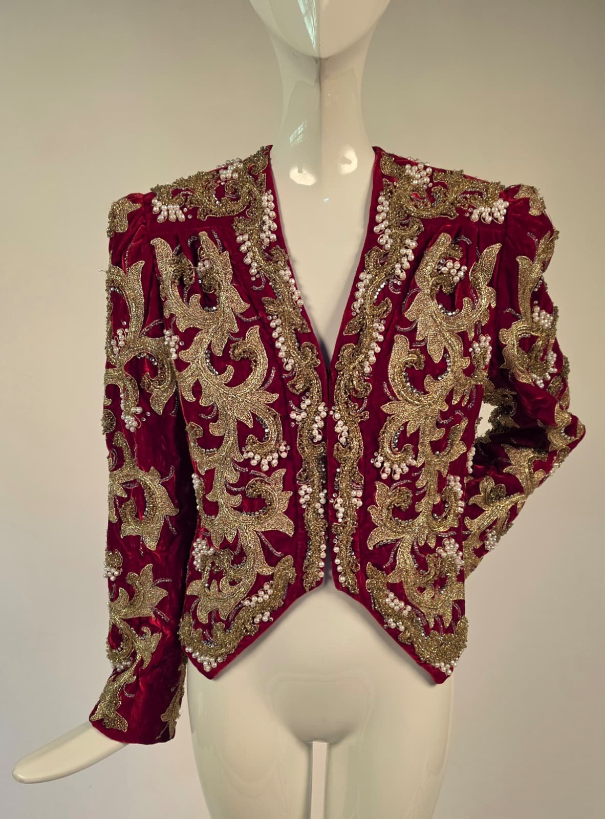 VINTAGE 1980’S DESIGNER ADOLFO RED VELVET JACKET W GOLD EMBROIDERY + PEARL BEADS