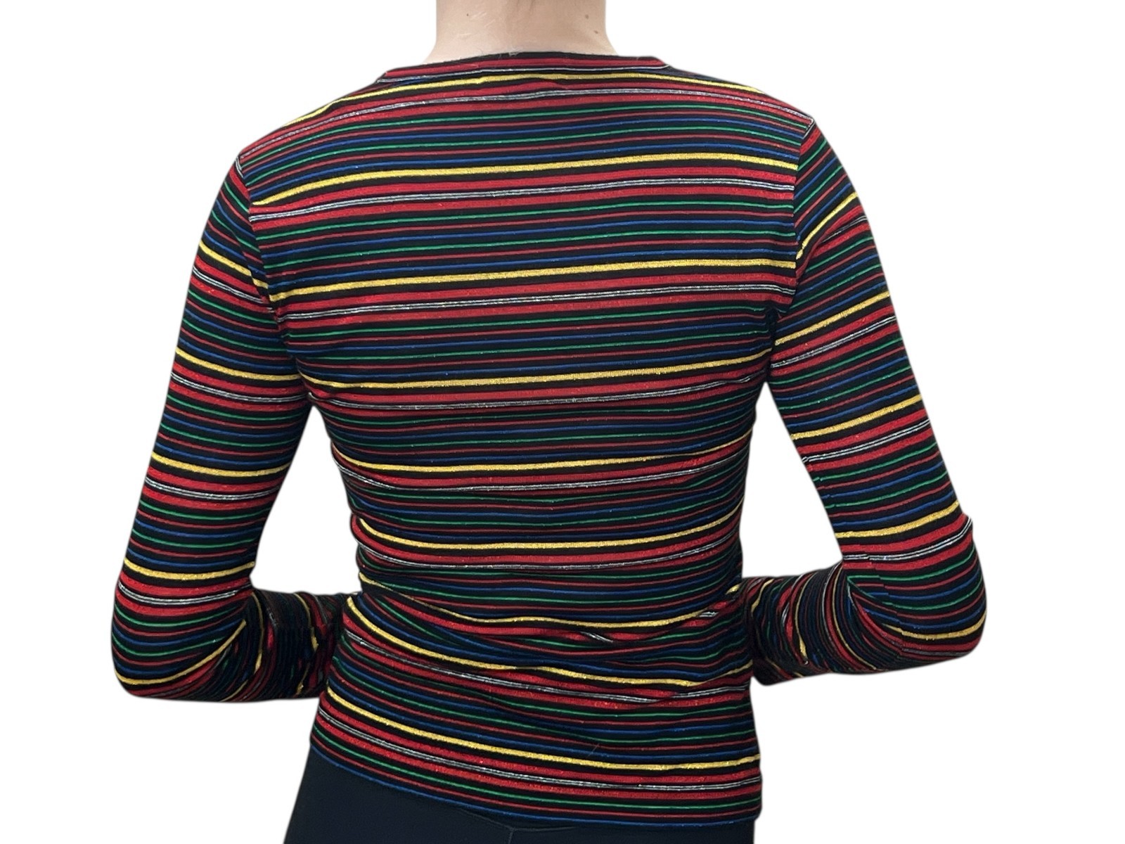 Vtg 70s Sz XS~S LUREX TOP Striped Metallic Pullover Shirt Genesis Hong Kong