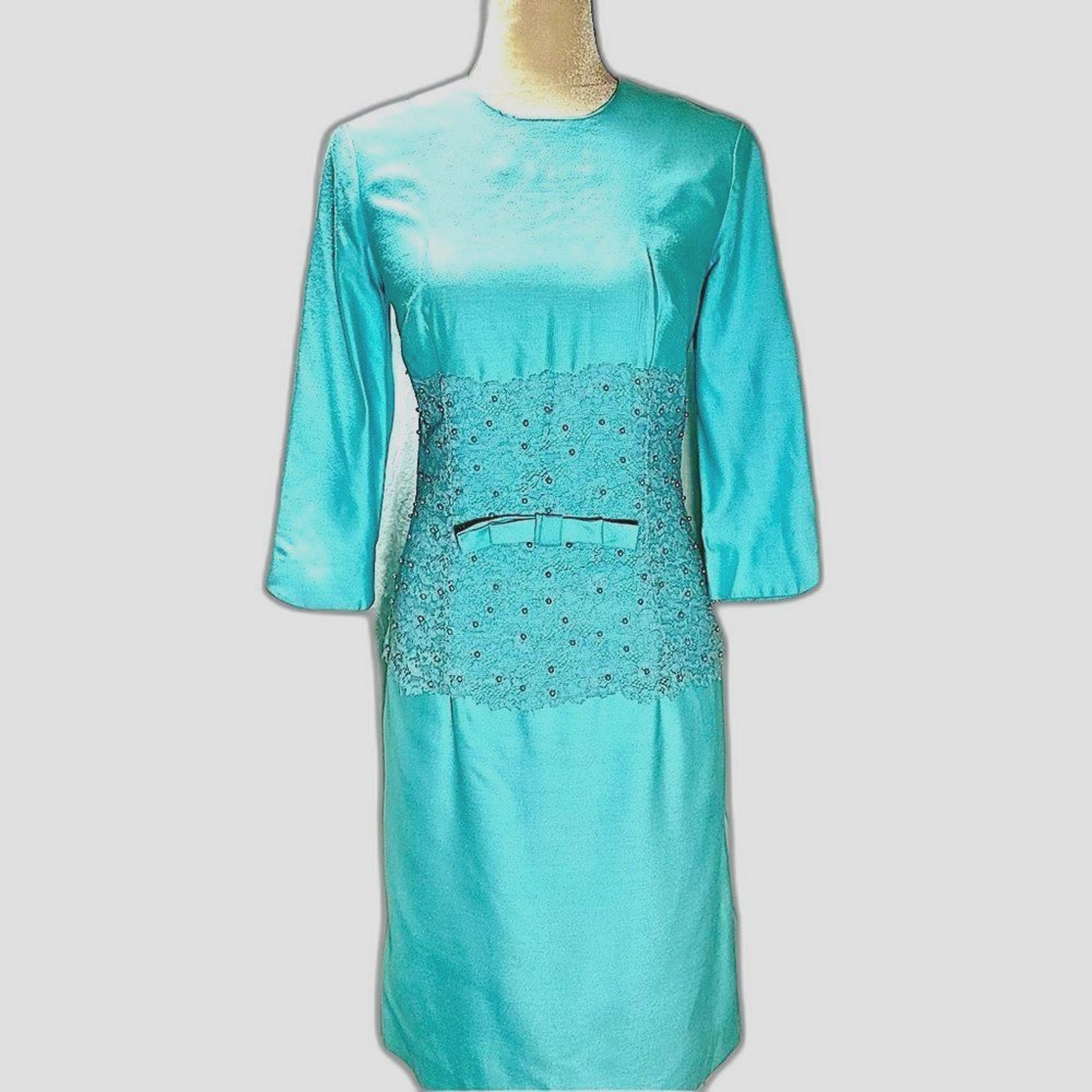 Vtg 1960s Alfred Werber High End Designer Cocktail Dress Beaded Lace Wiggle M