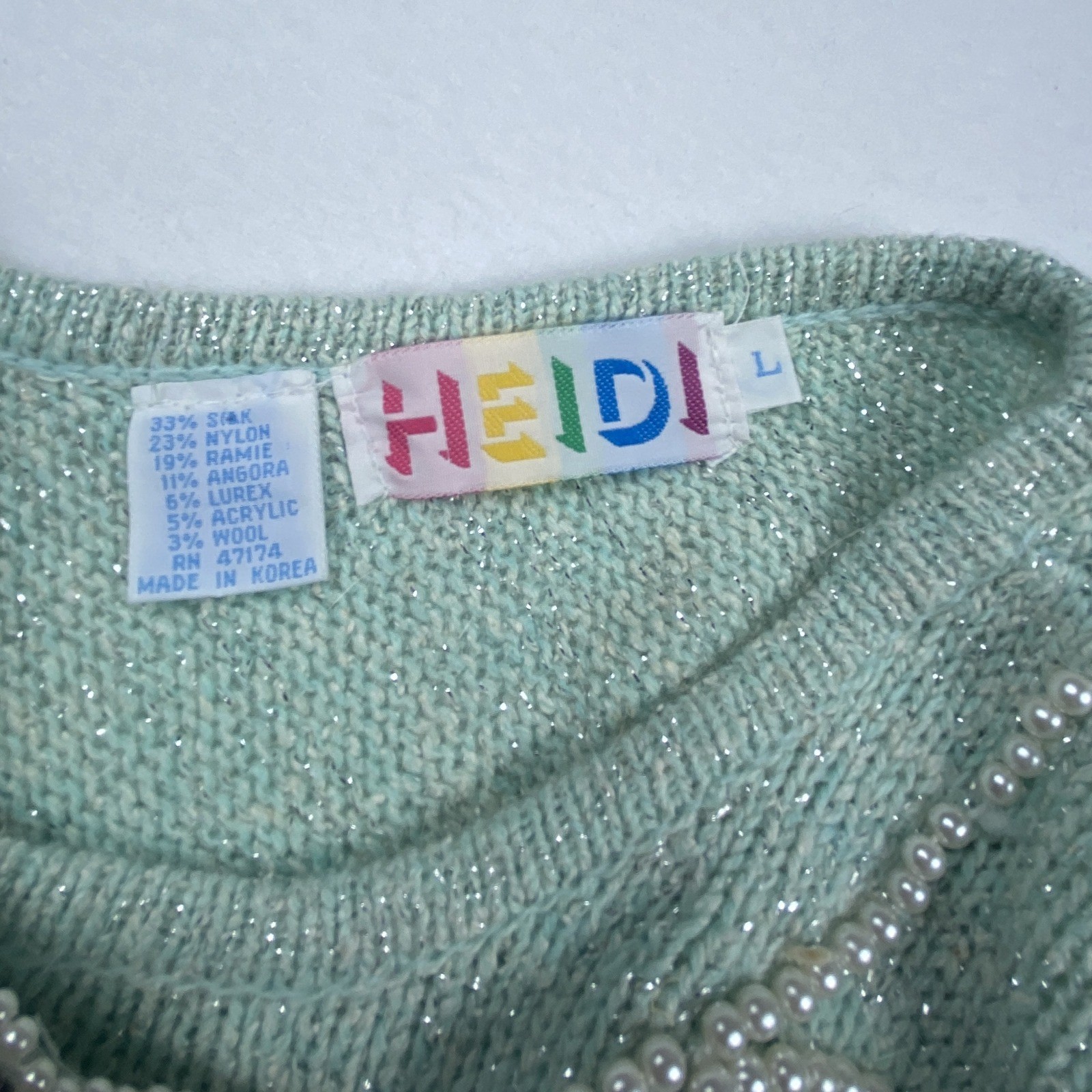 Vintage Heidi Mint Green Metallic Knit Silk Angora Wool Beaded Bow Top L