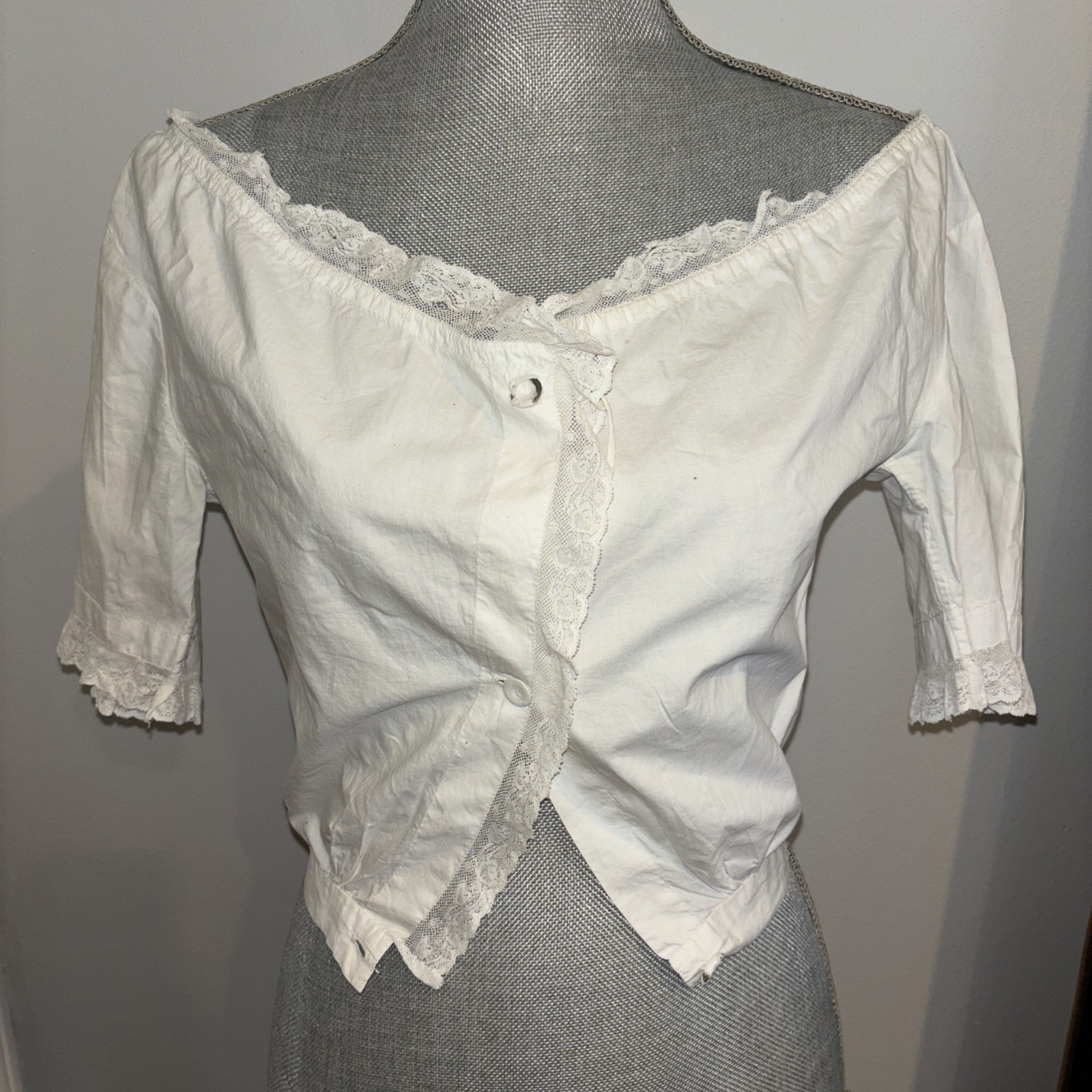 Antique Victorian Edwardian Blouse XS Cotton Lace Off the Shoulders Chemise TLC